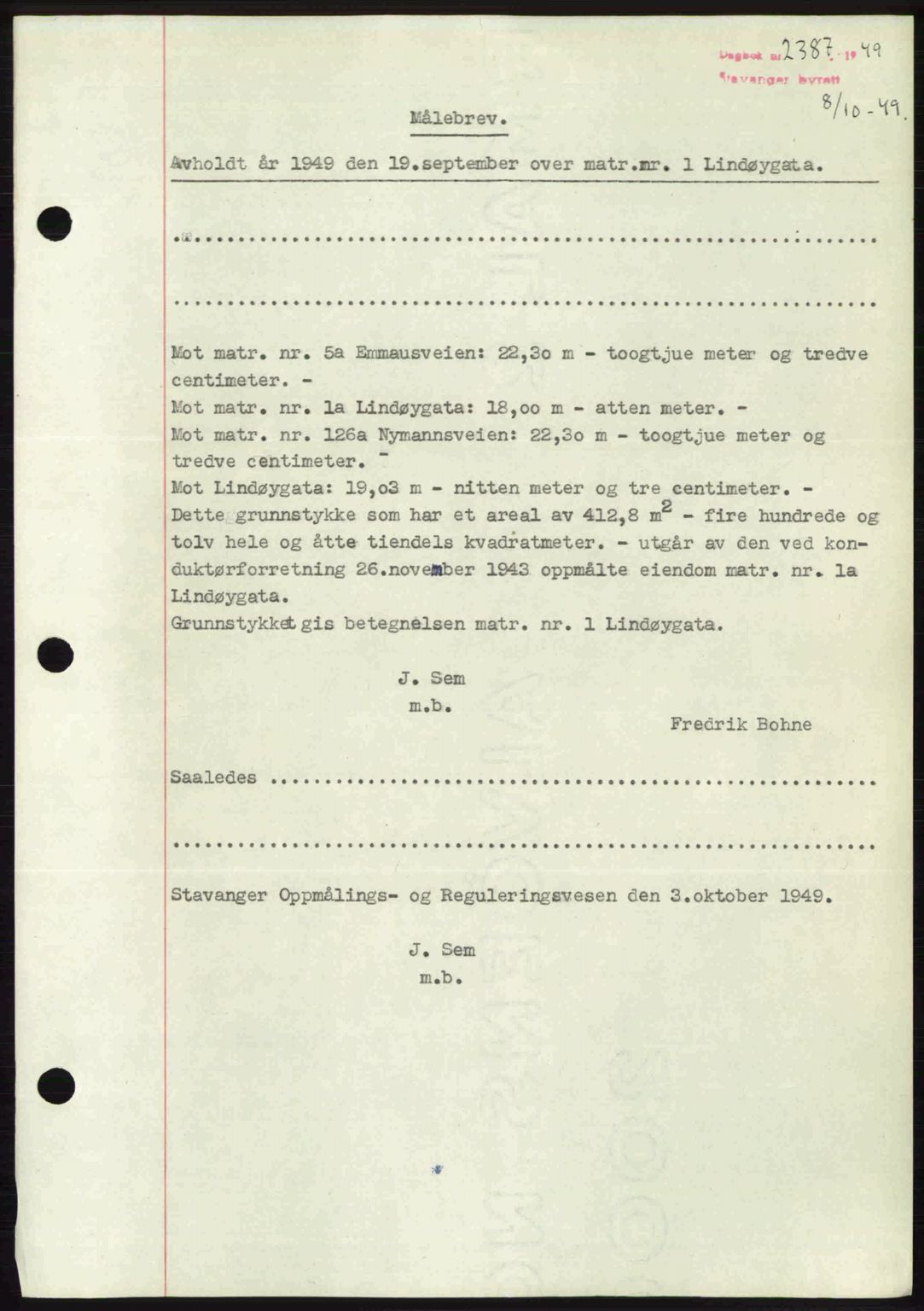 Stavanger byrett, SAST/A-100455/002/G/Gb/L0023: Mortgage book no. A12, 1948-1949, Diary no: : 2387/1949