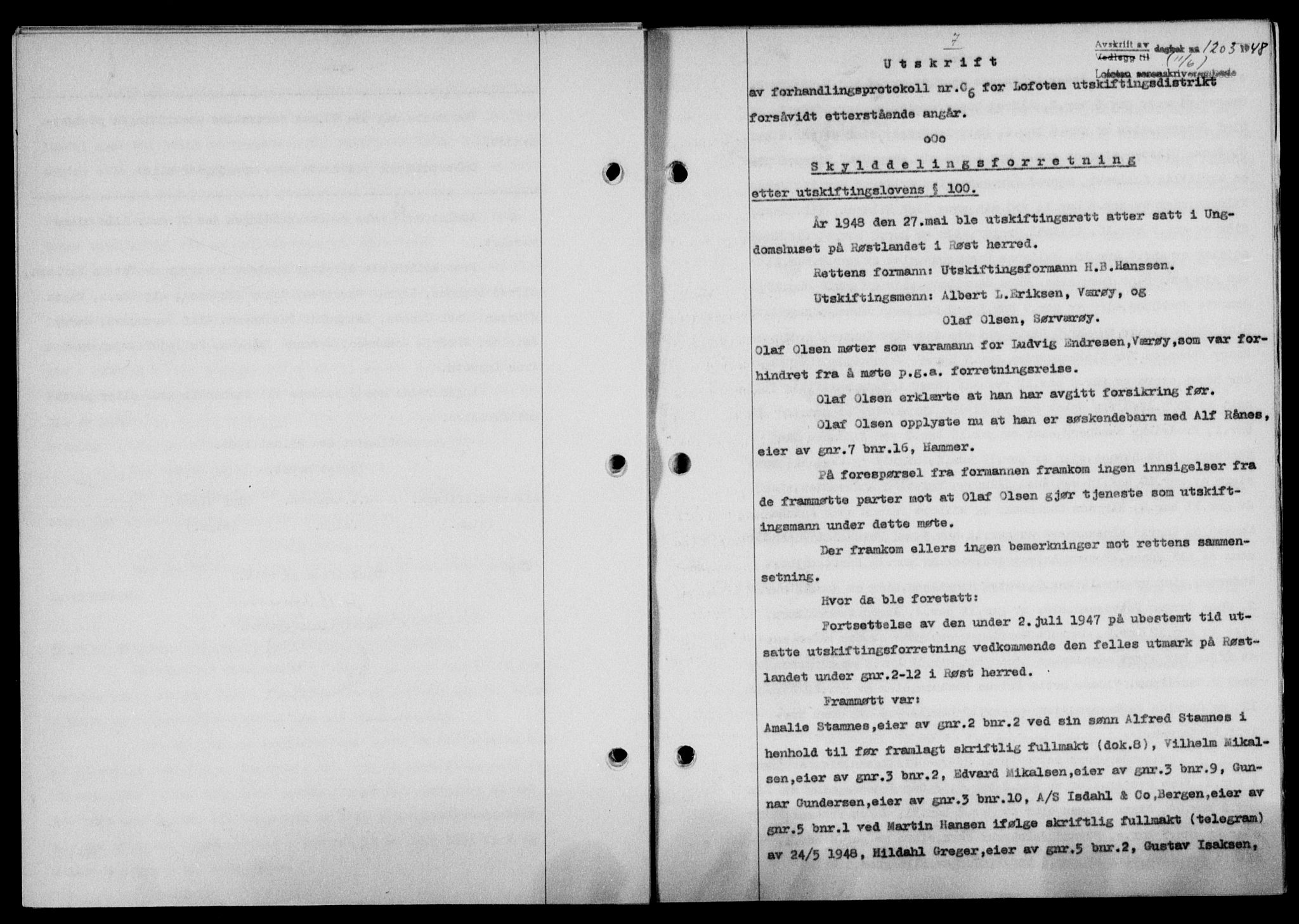Lofoten sorenskriveri, SAT/A-0017/1/2/2C/L0018a: Mortgage book no. 18a, 1948-1948, Diary no: : 1203/1948