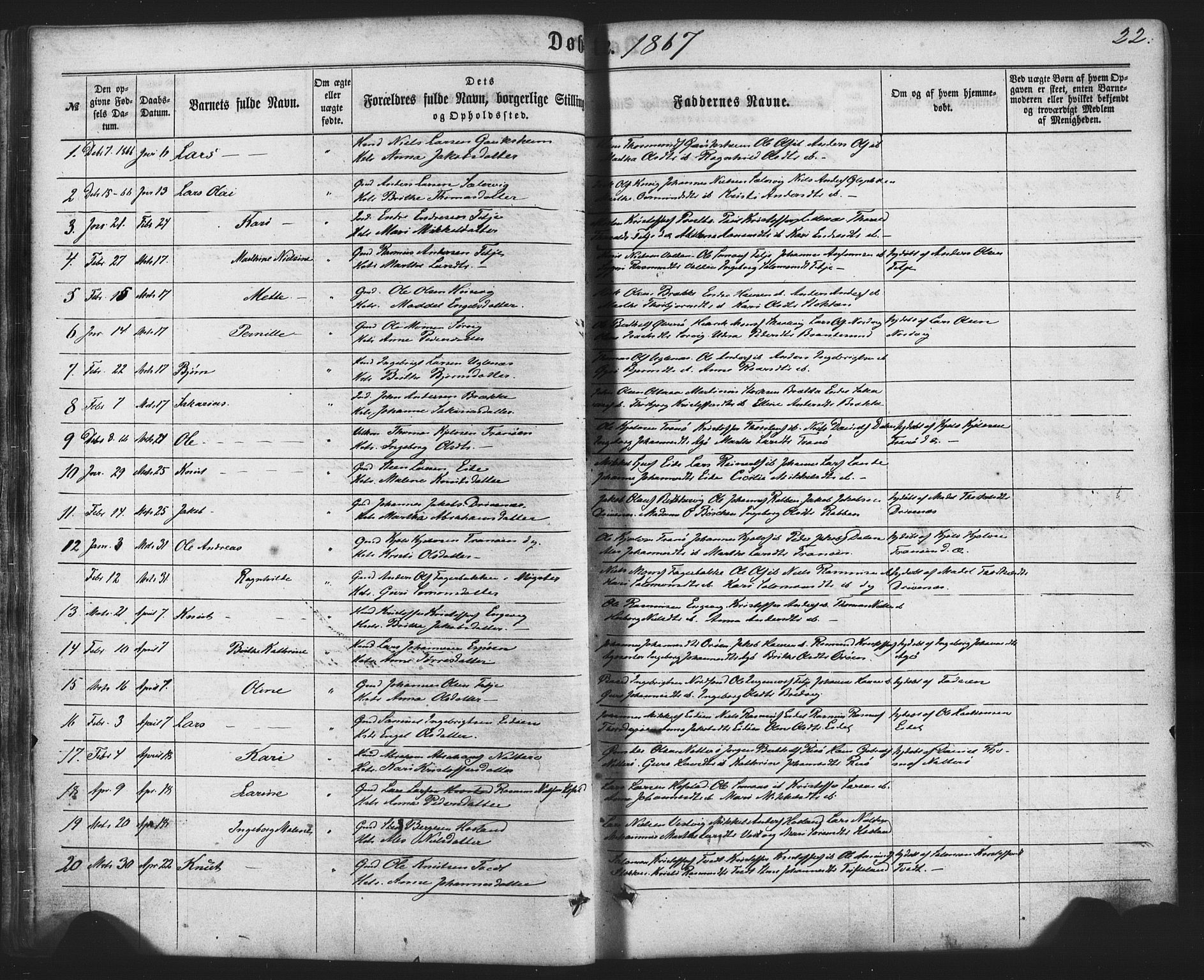 Fitjar sokneprestembete, AV/SAB-A-99926: Parish register (official) no. A 1, 1862-1881, p. 22