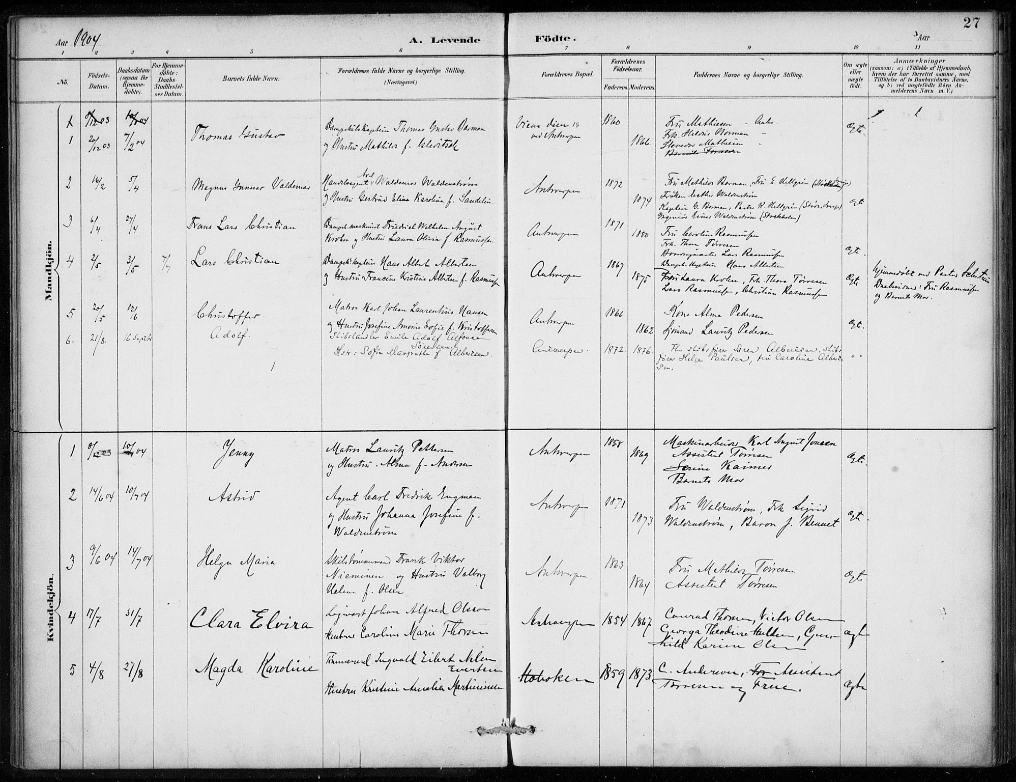 Den norske sjømannsmisjon i utlandet/Antwerpen, SAB/SAB/PA-0105/H/Ha/L0002: Parish register (official) no. A 2, 1887-1913, p. 27