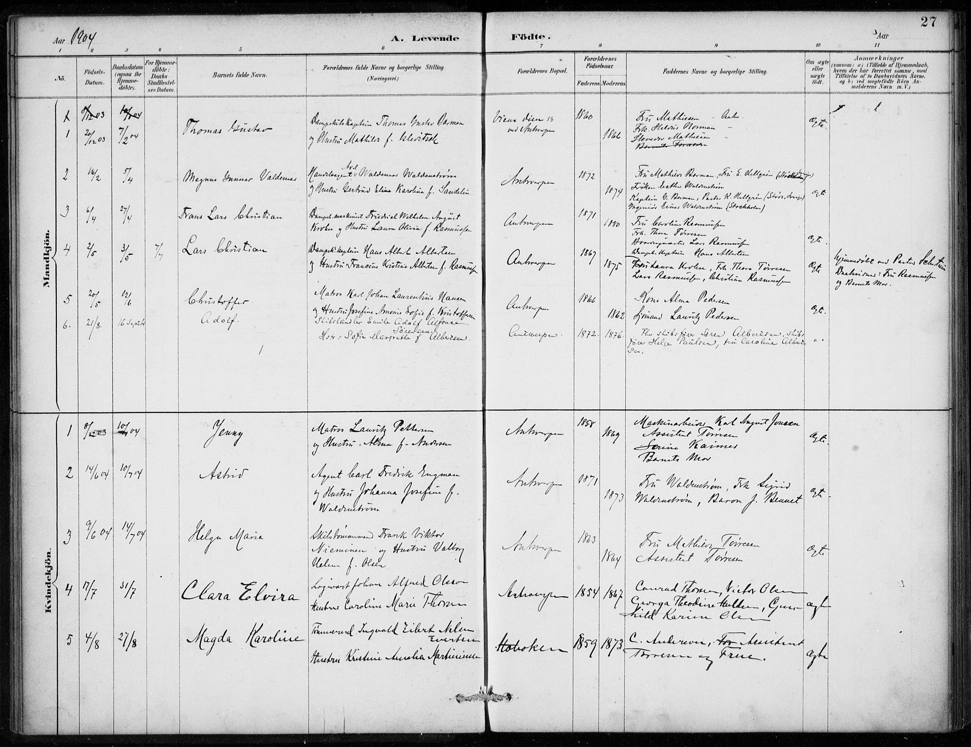 Den norske sjømannsmisjon i utlandet/Antwerpen, AV/SAB-SAB/PA-0105/H/Ha/L0002: Parish register (official) no. A 2, 1887-1913, p. 27