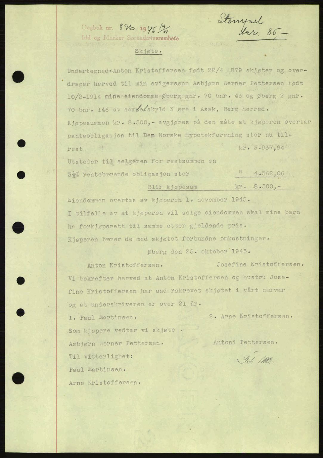 Idd og Marker sorenskriveri, AV/SAO-A-10283/G/Gb/Gbb/L0007: Mortgage book no. A7, 1944-1945, Diary no: : 896/1945