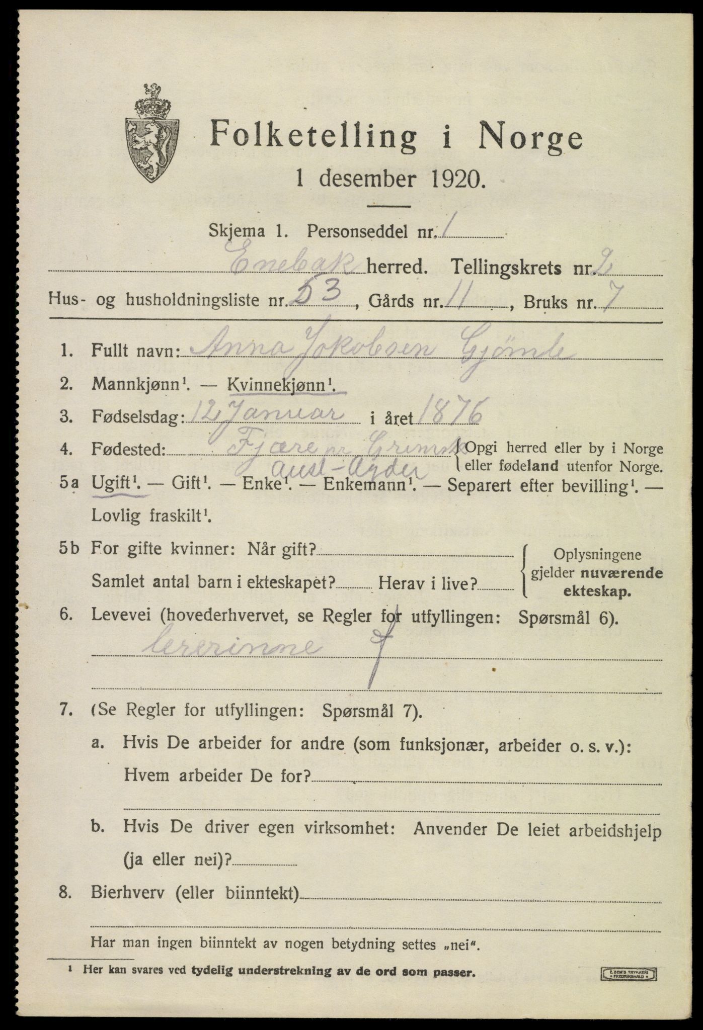 SAO, 1920 census for Enebakk, 1920, p. 2743