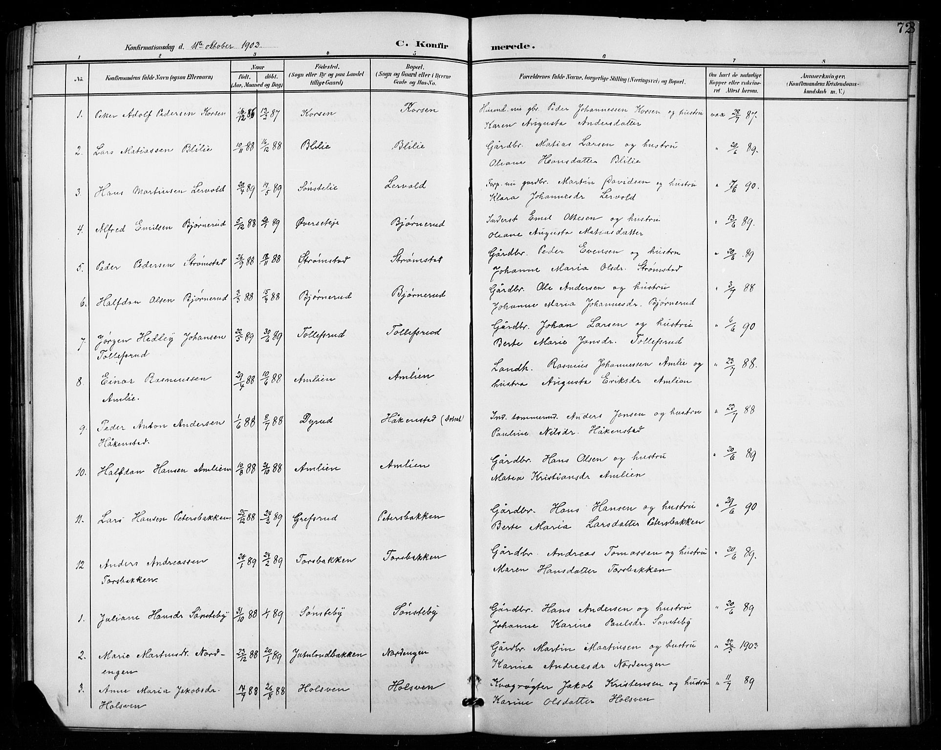 Vestre Toten prestekontor, AV/SAH-PREST-108/H/Ha/Hab/L0016: Parish register (copy) no. 16, 1901-1915, p. 72