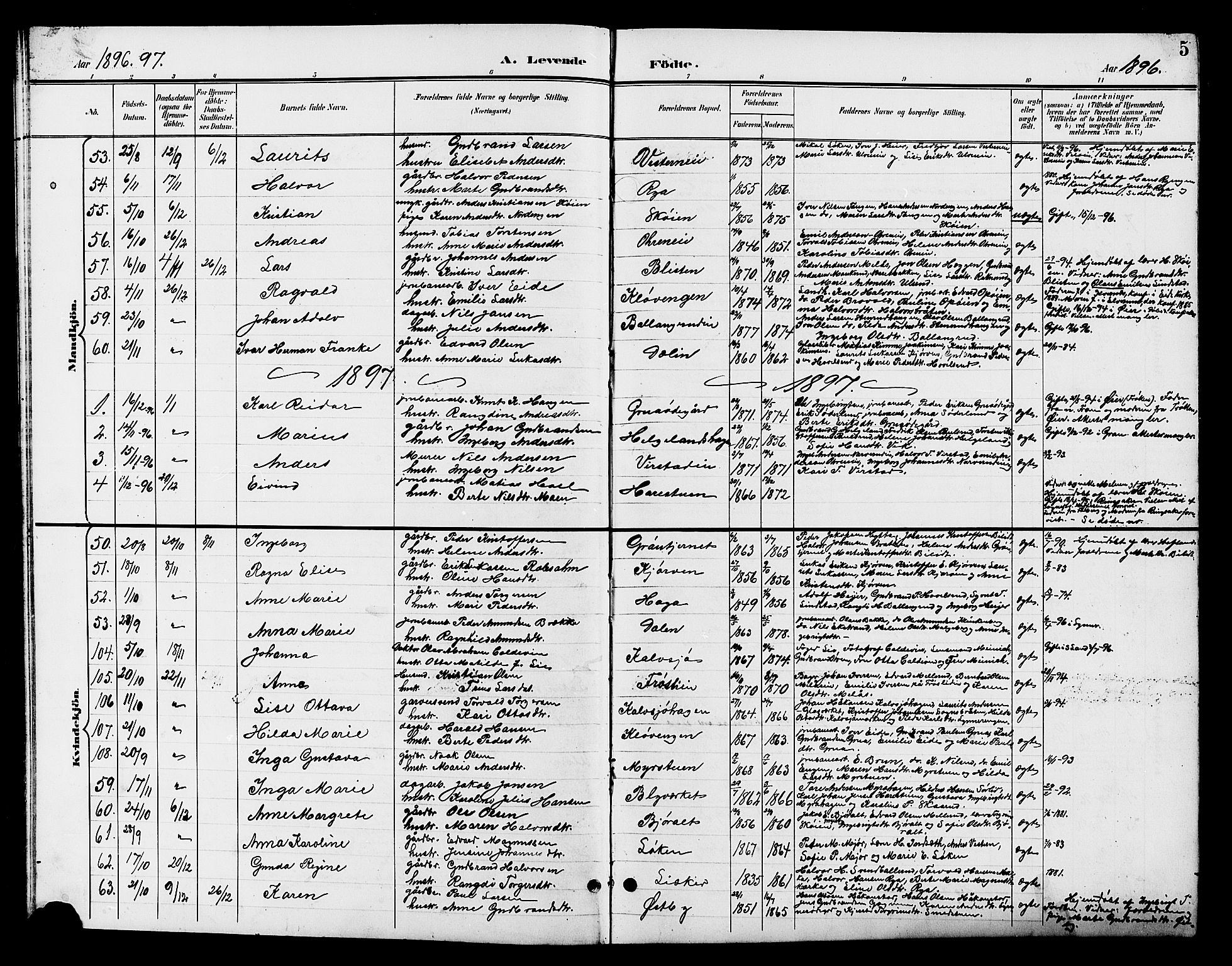 Jevnaker prestekontor, SAH/PREST-116/H/Ha/Hab/L0003: Parish register (copy) no. 3, 1896-1909, p. 5