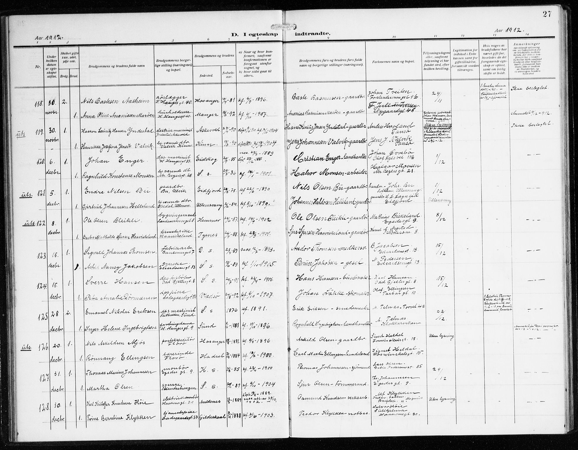 Sandviken Sokneprestembete, AV/SAB-A-77601/H/Ha/L0015: Parish register (official) no. D 2, 1911-1923, p. 27