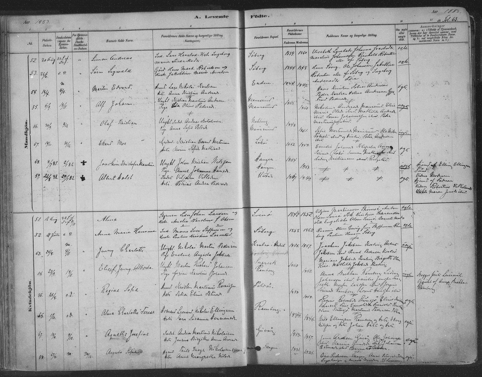 Ministerialprotokoller, klokkerbøker og fødselsregistre - Nordland, AV/SAT-A-1459/891/L1302: Parish register (official) no. 891A07, 1878-1895, p. 63