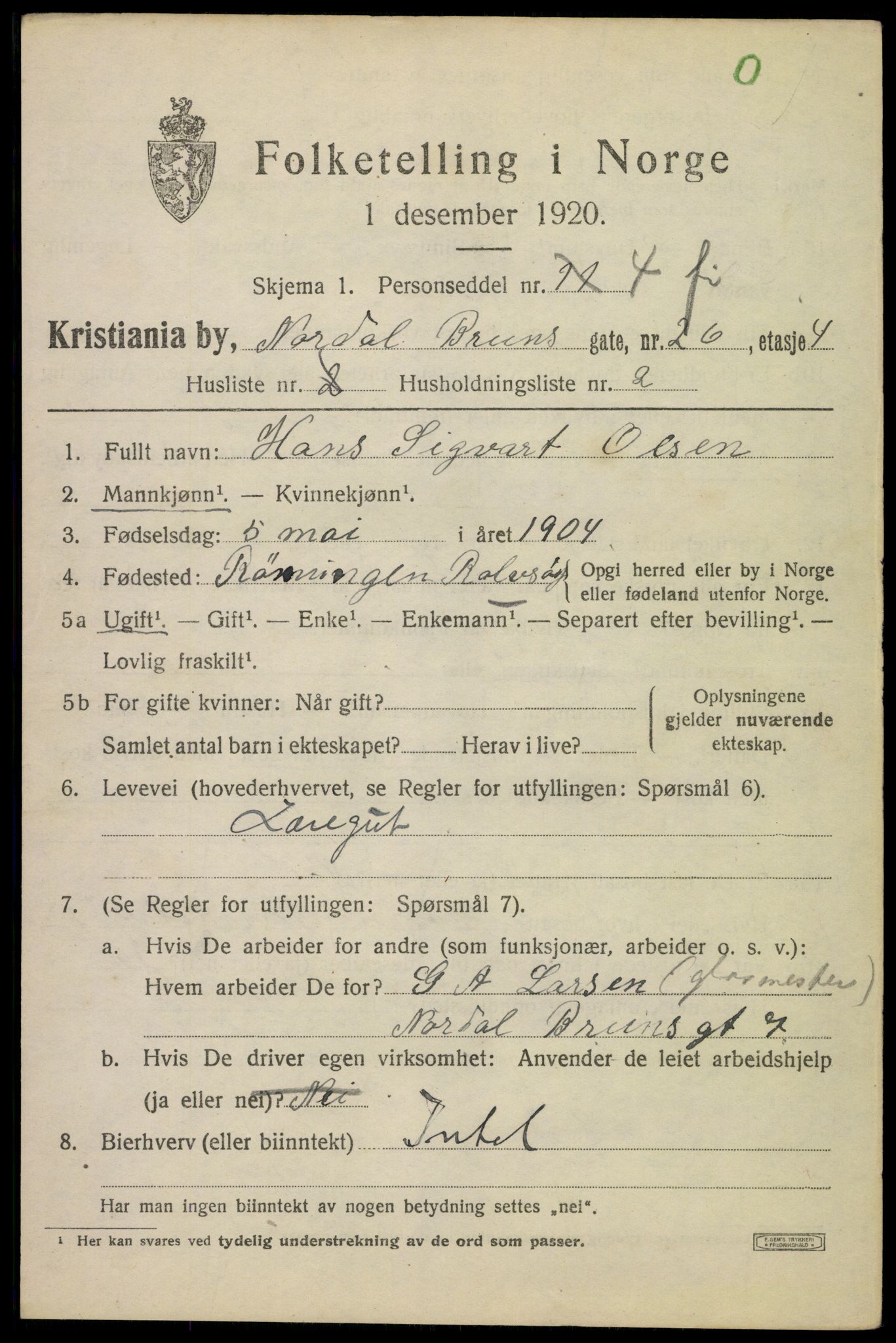 SAO, 1920 census for Kristiania, 1920, p. 422103