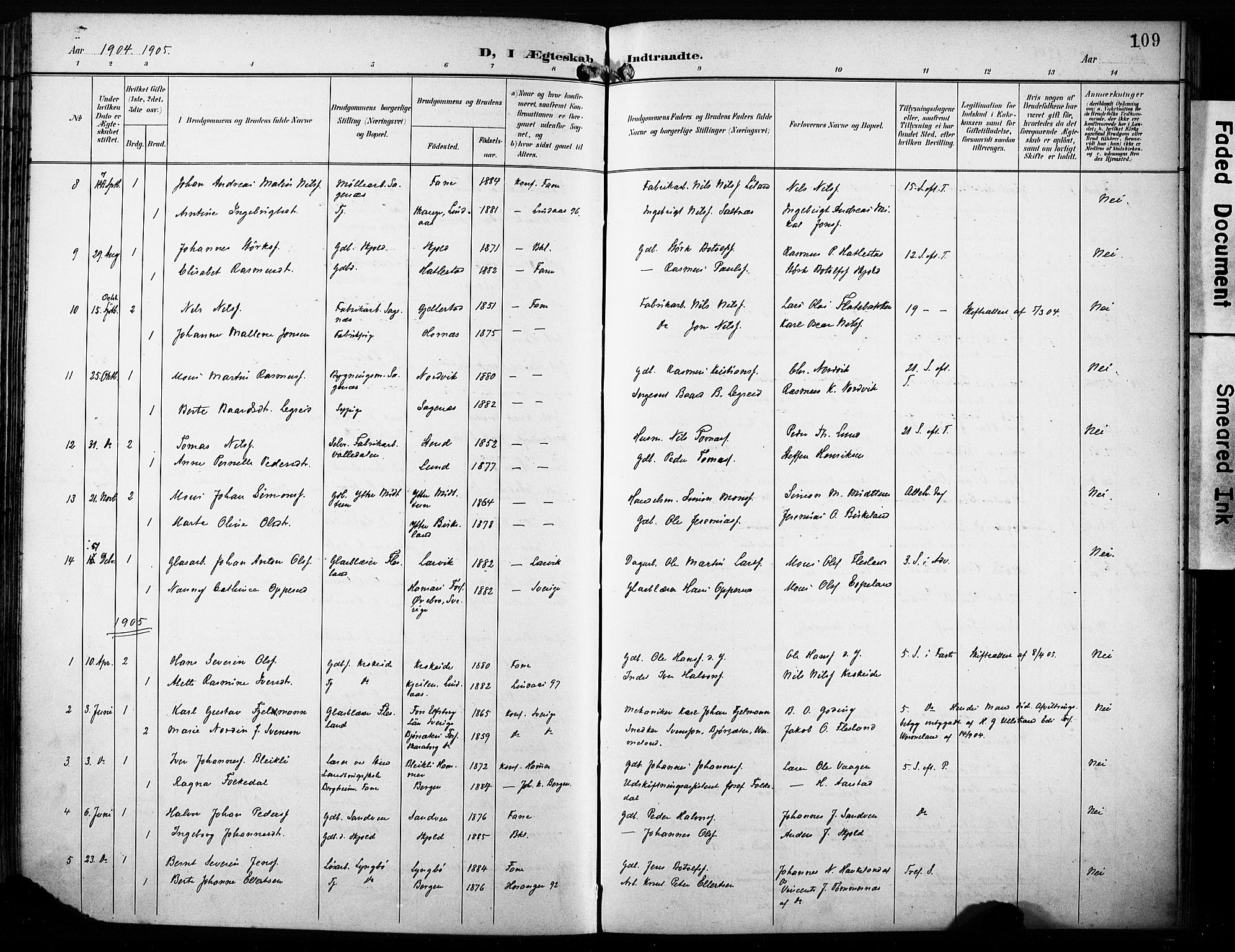 Fana Sokneprestembete, SAB/A-75101/H/Haa/Haab/L0003: Parish register (official) no. B 3, 1898-1907, p. 109