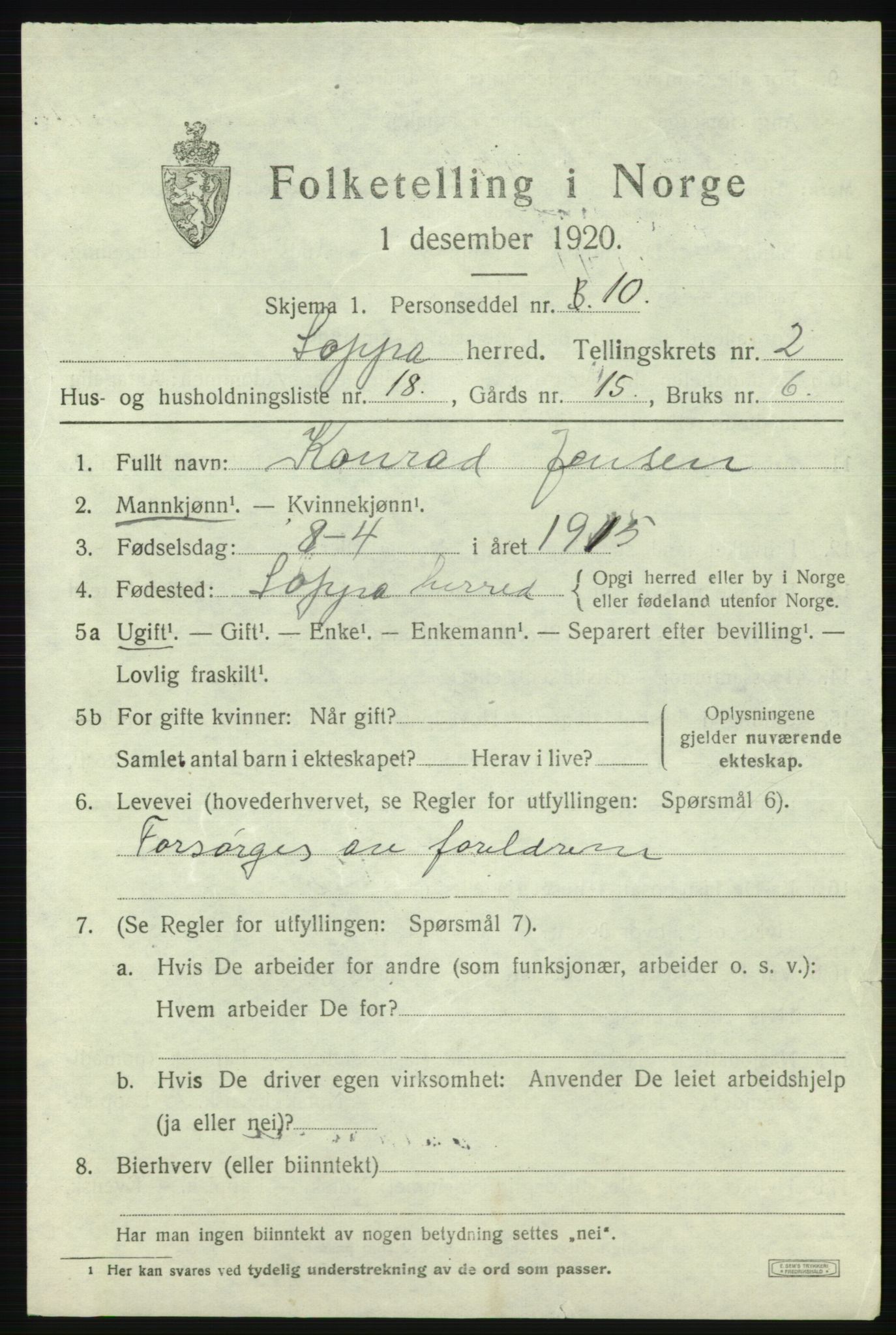SATØ, 1920 census for Loppa, 1920, p. 1008