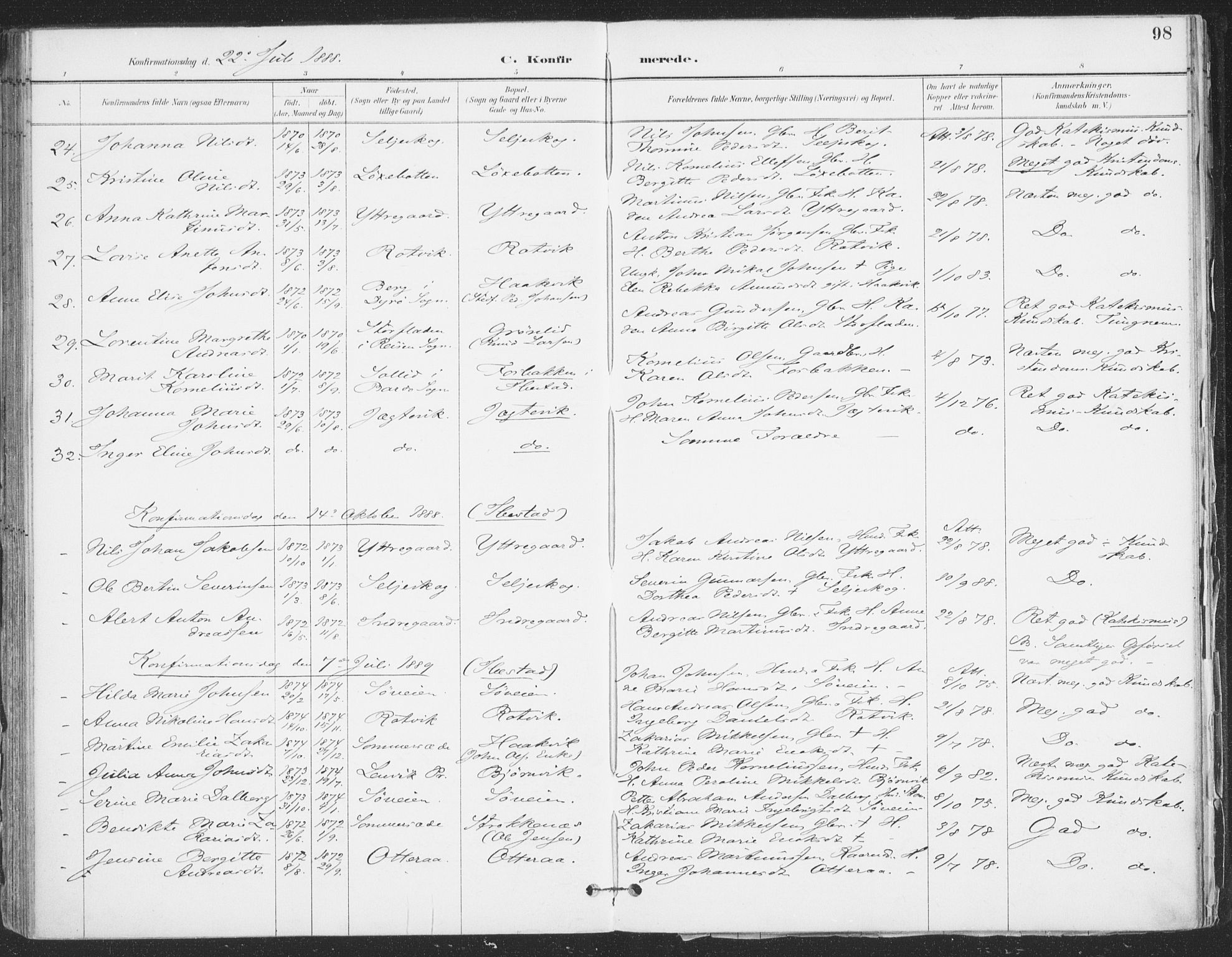 Ibestad sokneprestembete, AV/SATØ-S-0077/H/Ha/Haa/L0015kirke: Parish register (official) no. 15, 1888-1899, p. 98