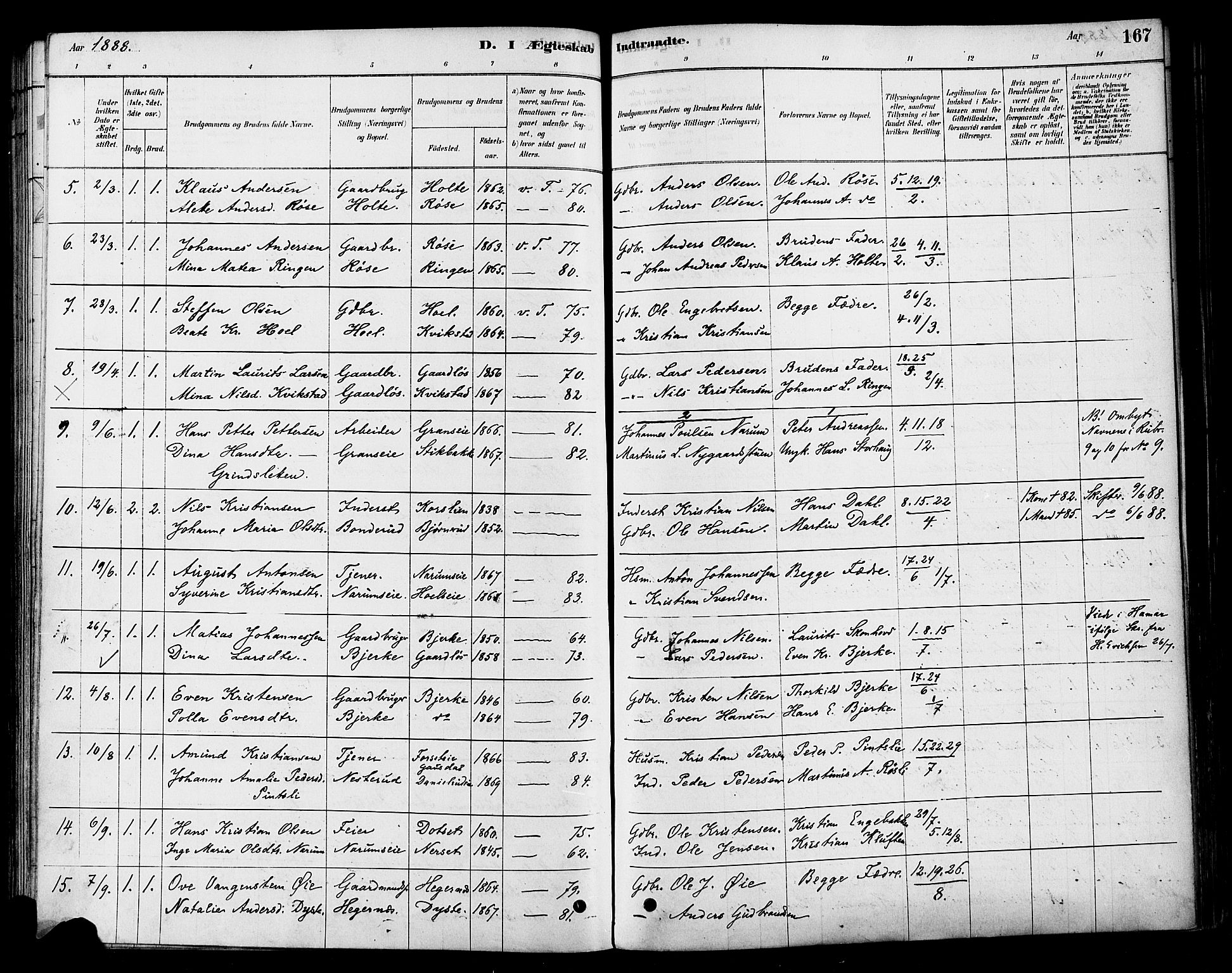 Vestre Toten prestekontor, SAH/PREST-108/H/Ha/Haa/L0010: Parish register (official) no. 10, 1878-1894, p. 167