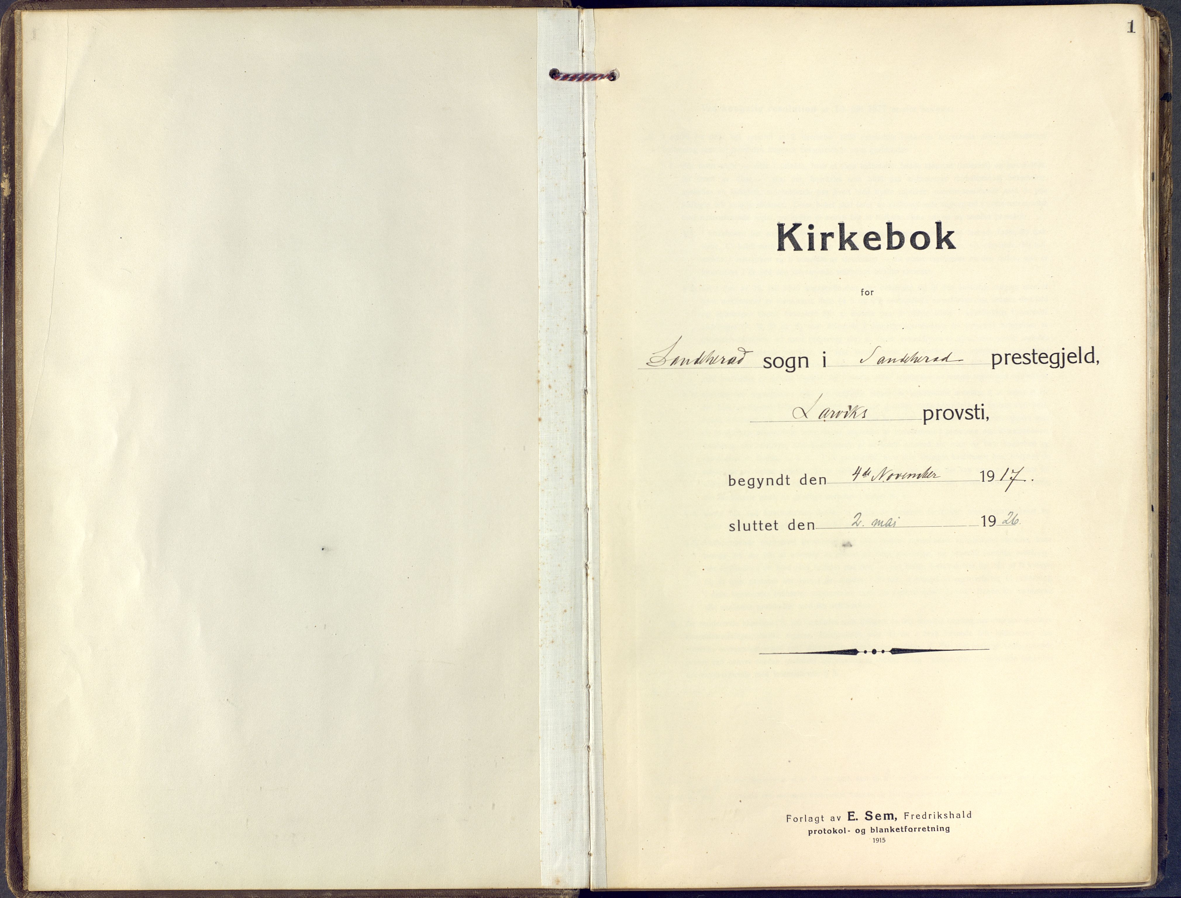 Sandar kirkebøker, AV/SAKO-A-243/F/Fa/L0018: Parish register (official) no. 18, 1917-1926, p. 1