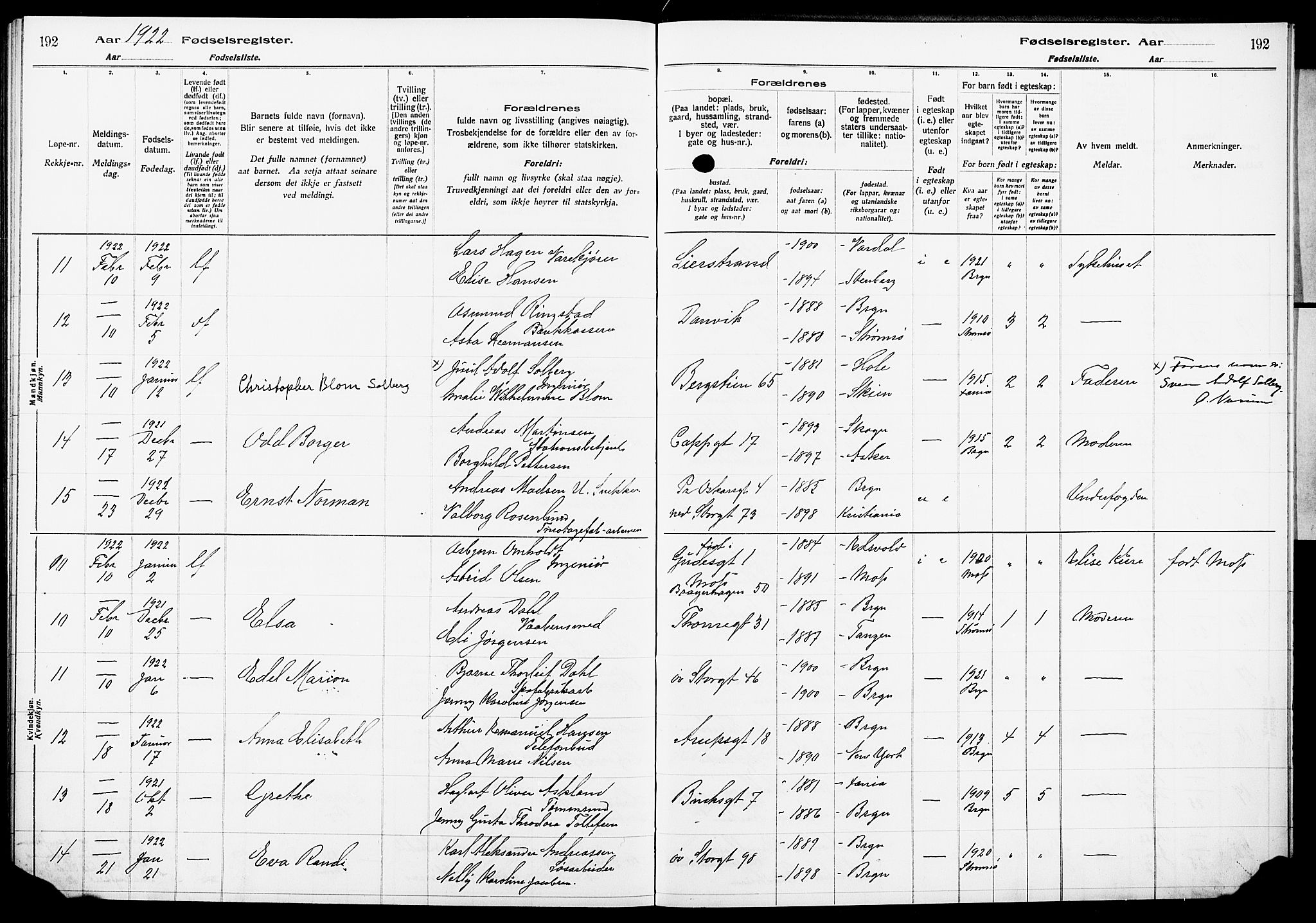 Bragernes kirkebøker, AV/SAKO-A-6/J/Ja/L0001: Birth register no. 1, 1916-1922, p. 192