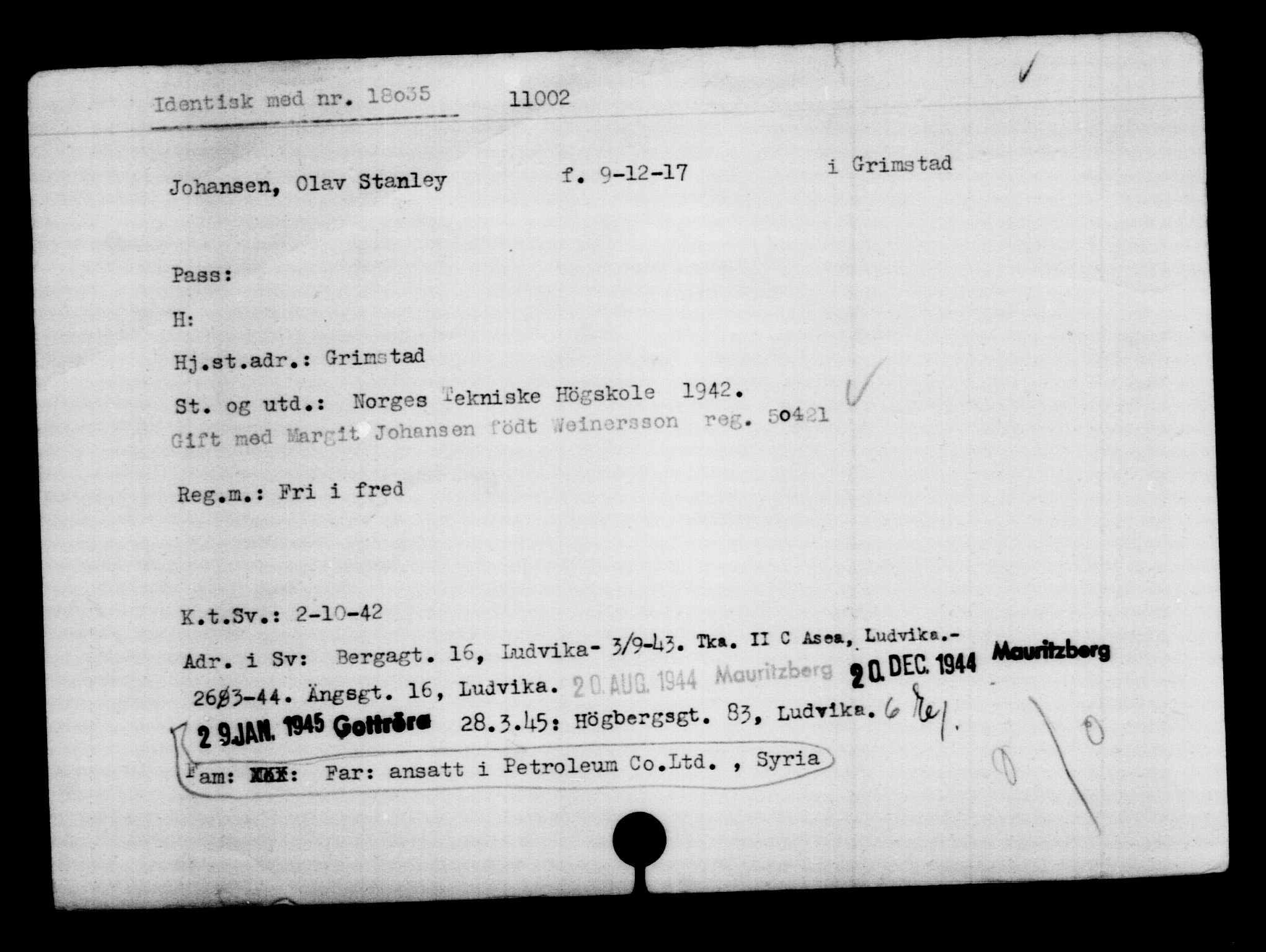 Utenriksstasjonene, Legasjonen i Stockholm, Flyktningkontoret, AV/RA-S-6753/V/Va/L0006: Kjesäterkartoteket, flyktninger med registreringsnr. 9400-12711, 1940-1945, p. 1824