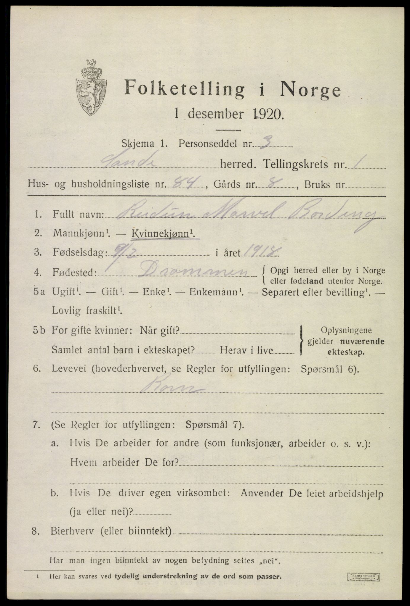 SAKO, 1920 census for Sande, 1920, p. 2170