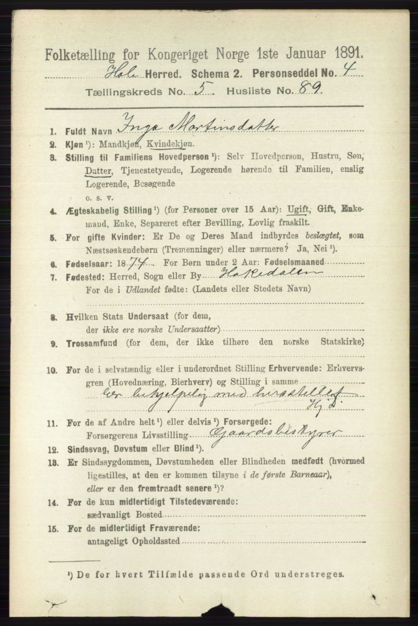 RA, 1891 census for 0612 Hole, 1891, p. 2958