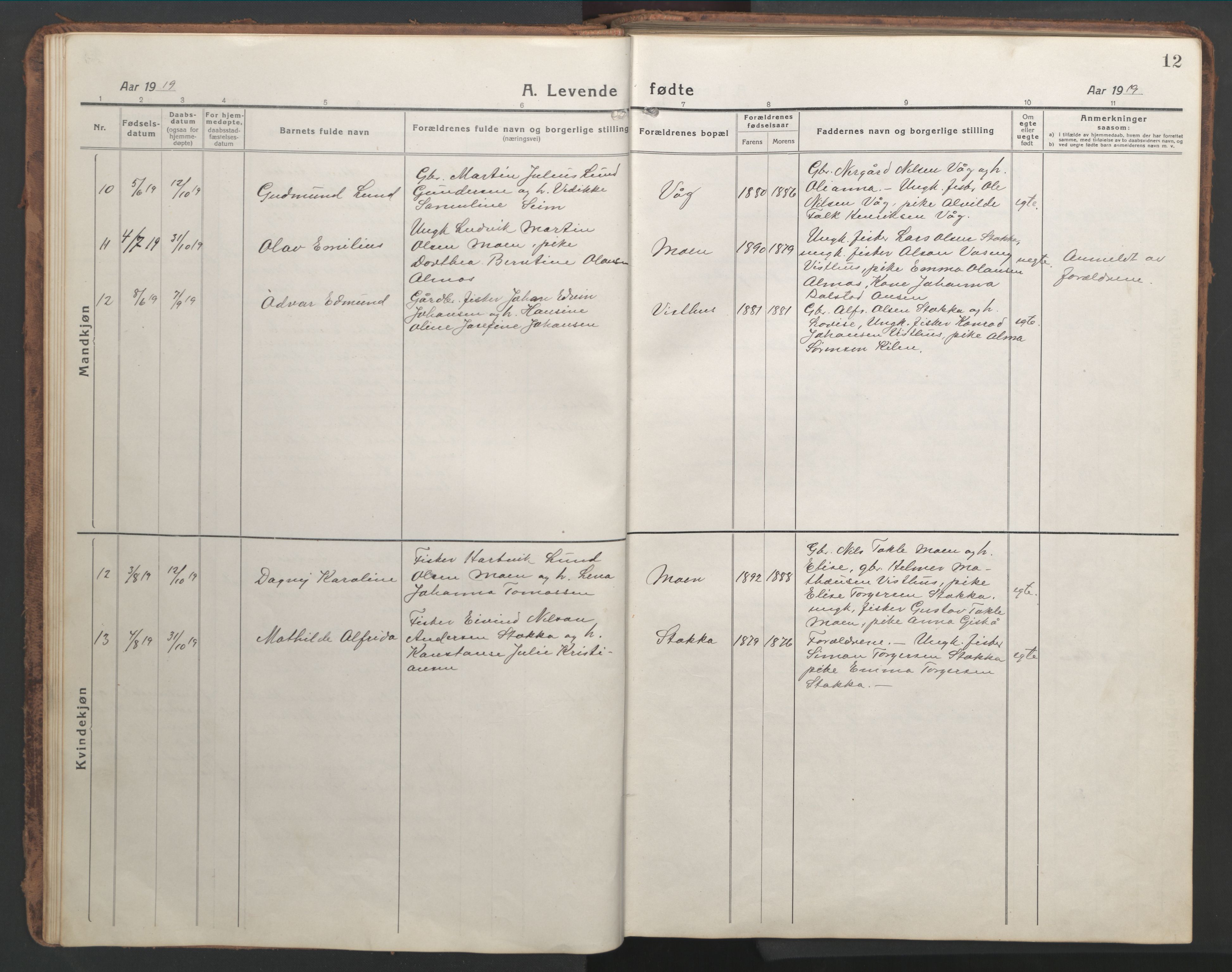 Ministerialprotokoller, klokkerbøker og fødselsregistre - Nordland, AV/SAT-A-1459/819/L0278: Parish register (copy) no. 819C04, 1917-1967, p. 12