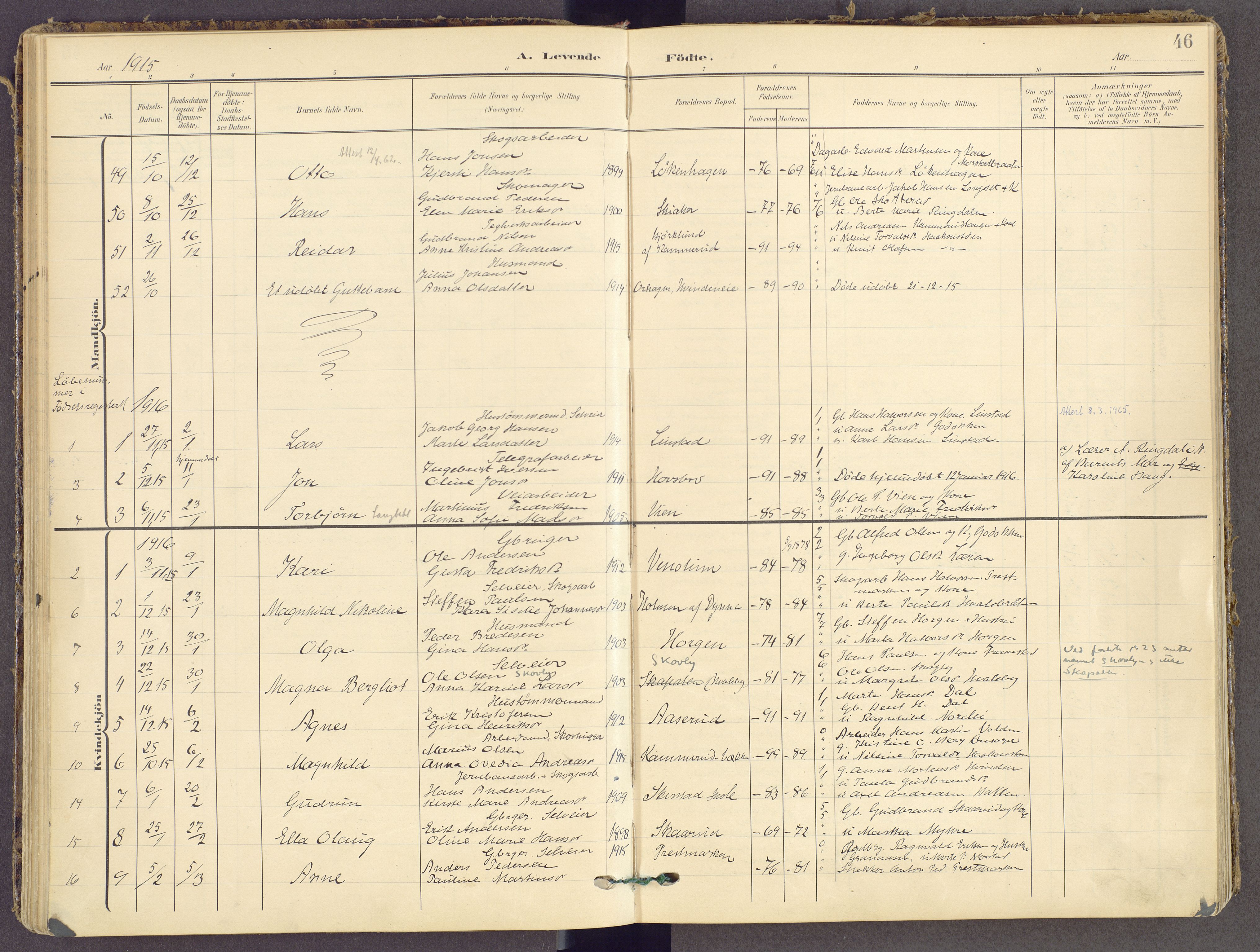 Gran prestekontor, SAH/PREST-112/H/Ha/Haa/L0021: Parish register (official) no. 21, 1908-1932, p. 46