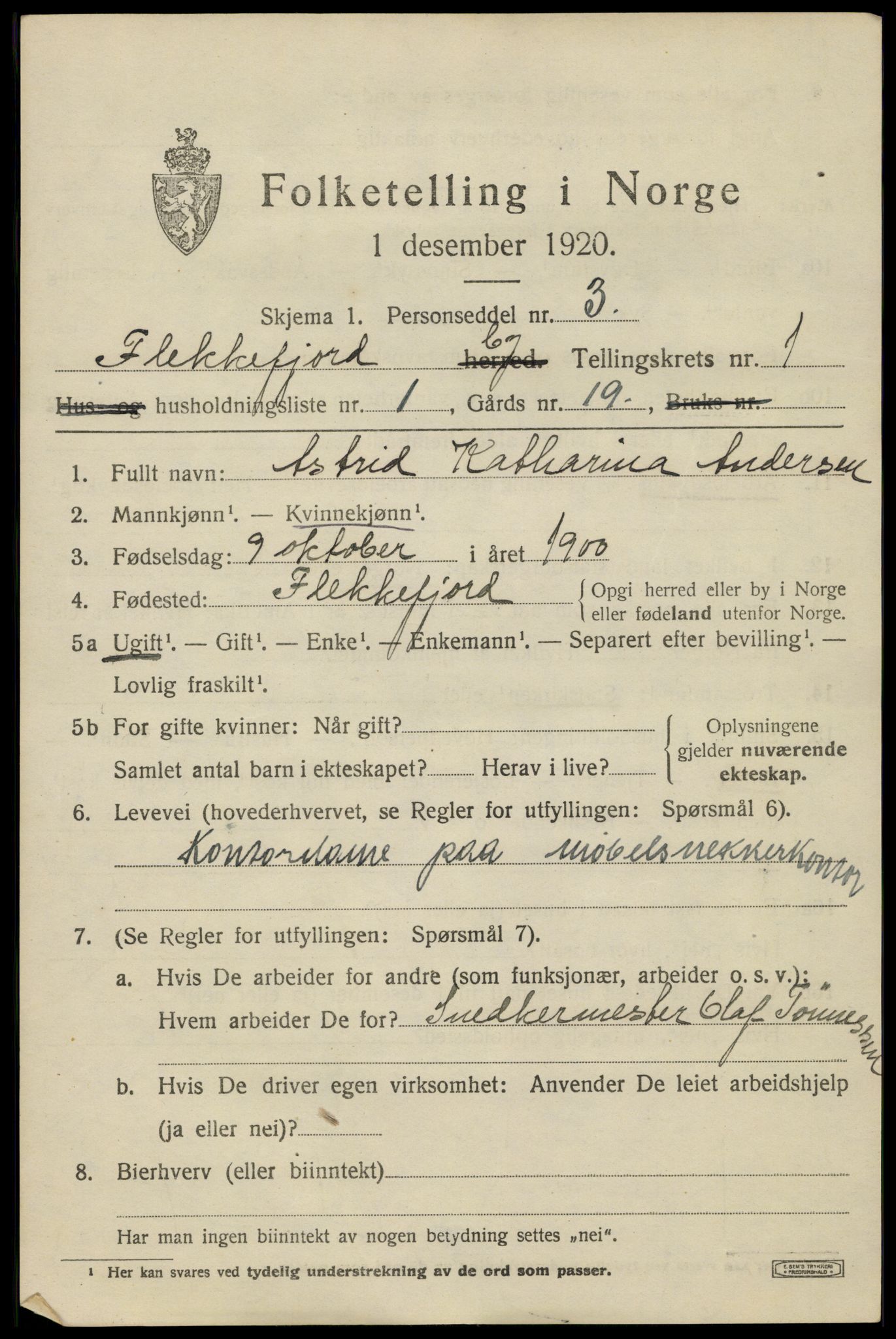 SAK, 1920 census for Flekkefjord, 1920, p. 2056