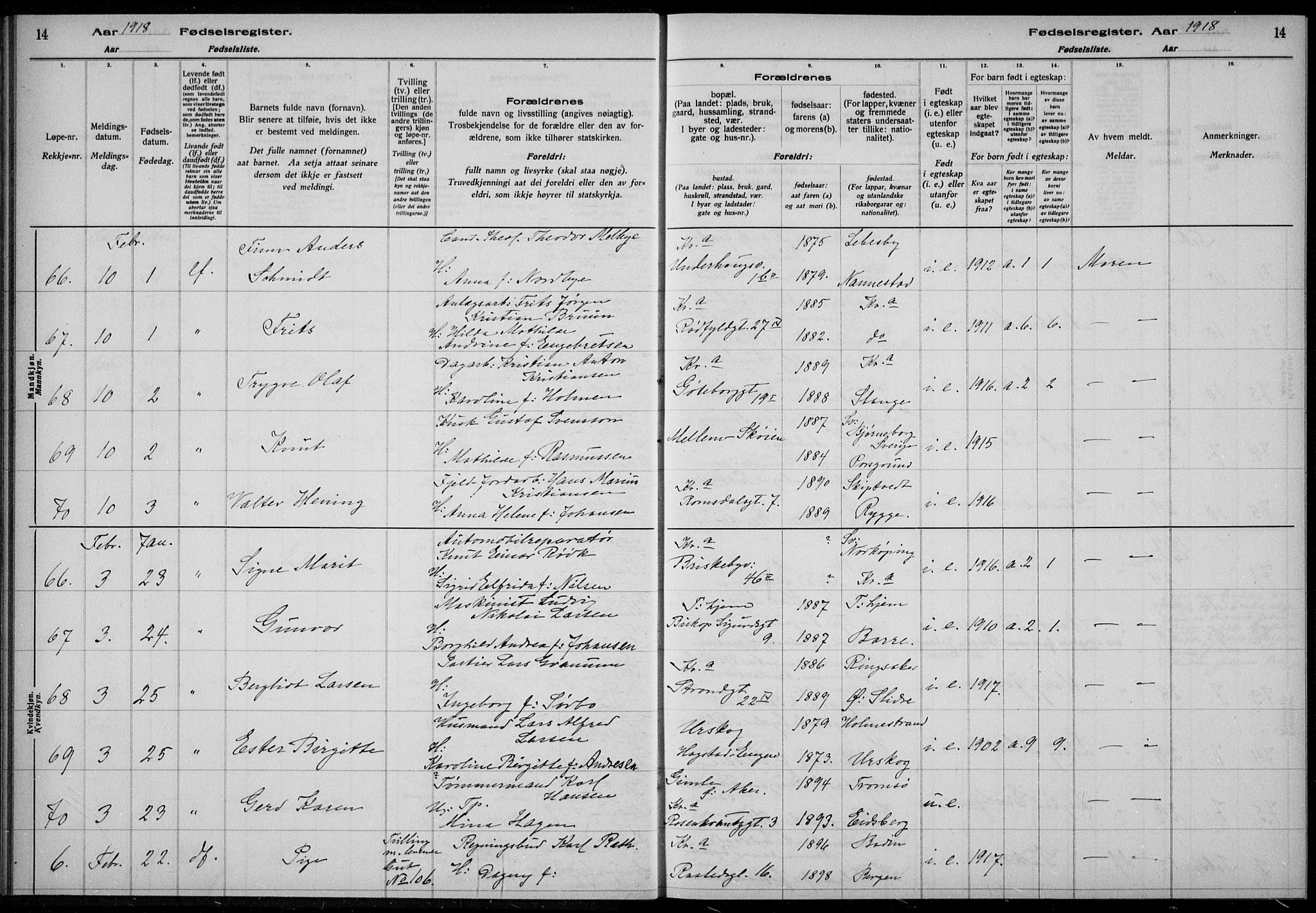 Rikshospitalet prestekontor Kirkebøker, AV/SAO-A-10309b/J/L0003: Birth register no. 3, 1918-1918, p. 14