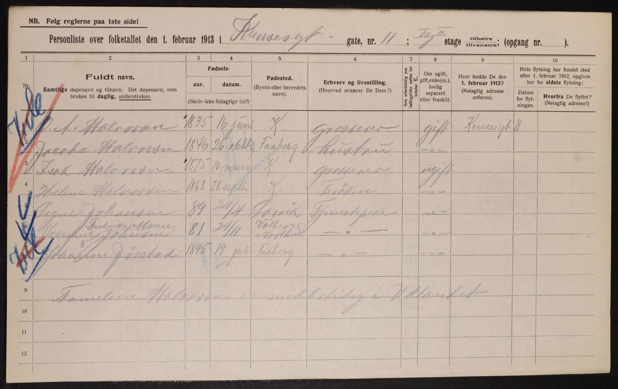 OBA, Municipal Census 1913 for Kristiania, 1913, p. 54715