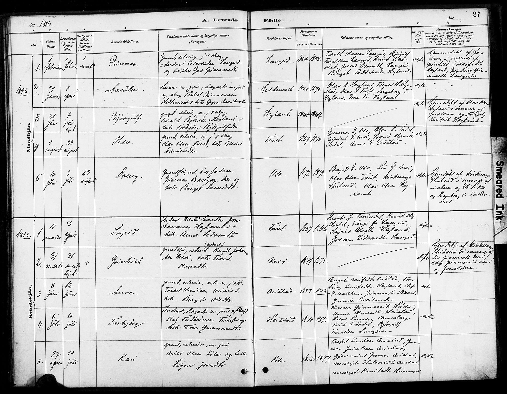 Bygland sokneprestkontor, SAK/1111-0006/F/Fa/Faa/L0001: Parish register (official) no. A 1, 1885-1908, p. 27