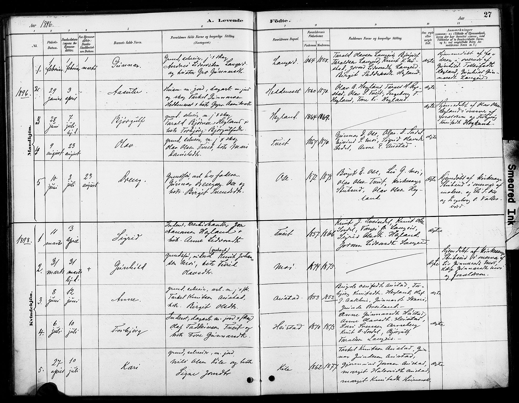 Bygland sokneprestkontor, AV/SAK-1111-0006/F/Fa/Faa/L0001: Parish register (official) no. A 1, 1885-1908, p. 27