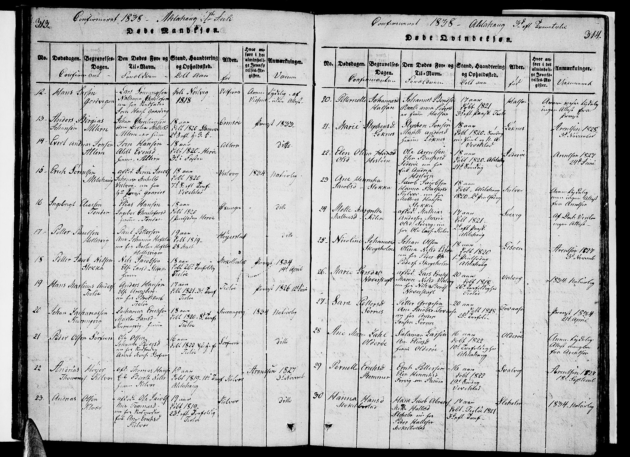 Ministerialprotokoller, klokkerbøker og fødselsregistre - Nordland, AV/SAT-A-1459/830/L0457: Parish register (copy) no. 830C01 /1, 1820-1842, p. 313-314