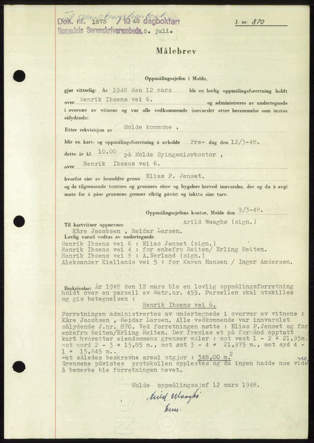 Romsdal sorenskriveri, AV/SAT-A-4149/1/2/2C: Mortgage book no. A26, 1948-1948, Diary no: : 1673/1948