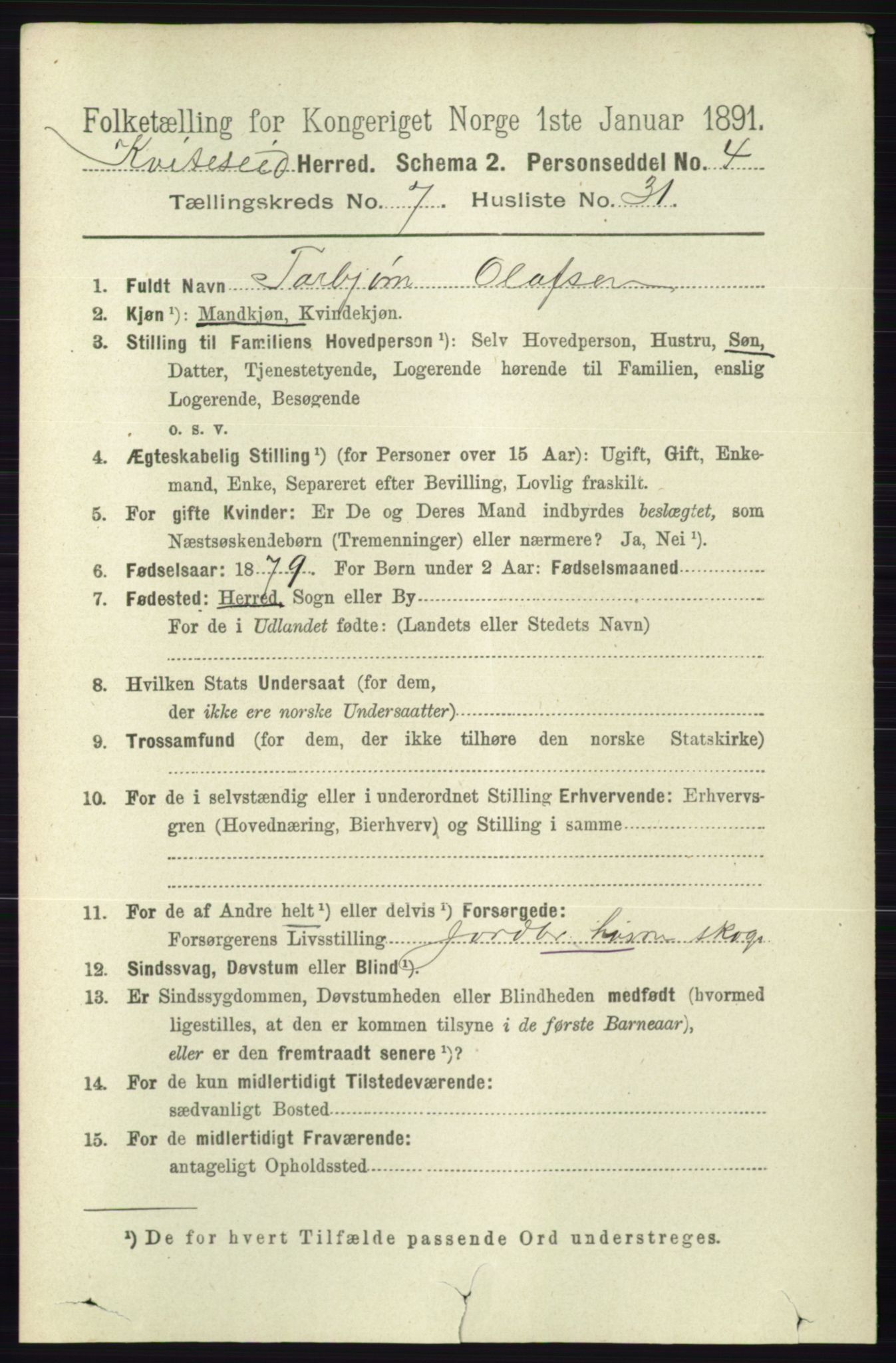 RA, 1891 census for 0829 Kviteseid, 1891, p. 1535