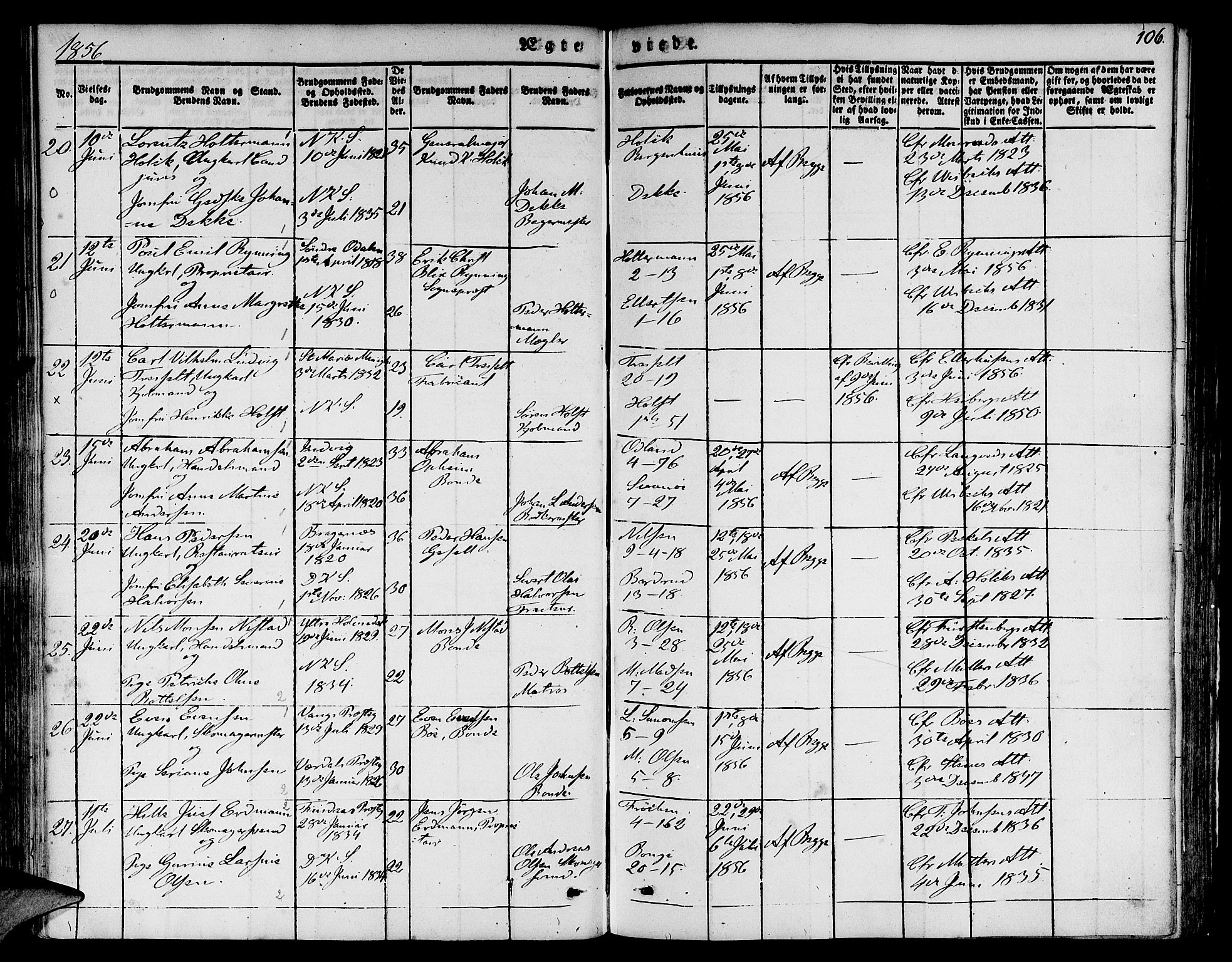 Nykirken Sokneprestembete, SAB/A-77101/H/Hab: Parish register (copy) no. D 1, 1832-1867, p. 106