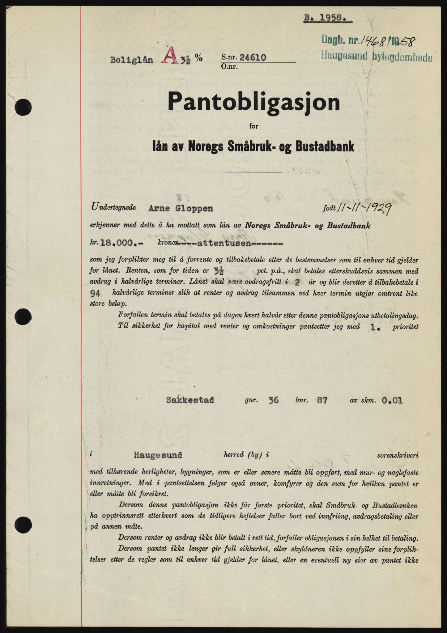 Haugesund tingrett, SAST/A-101415/01/II/IIC/L0044: Mortgage book no. B 44, 1958-1959, Diary no: : 1468/1958