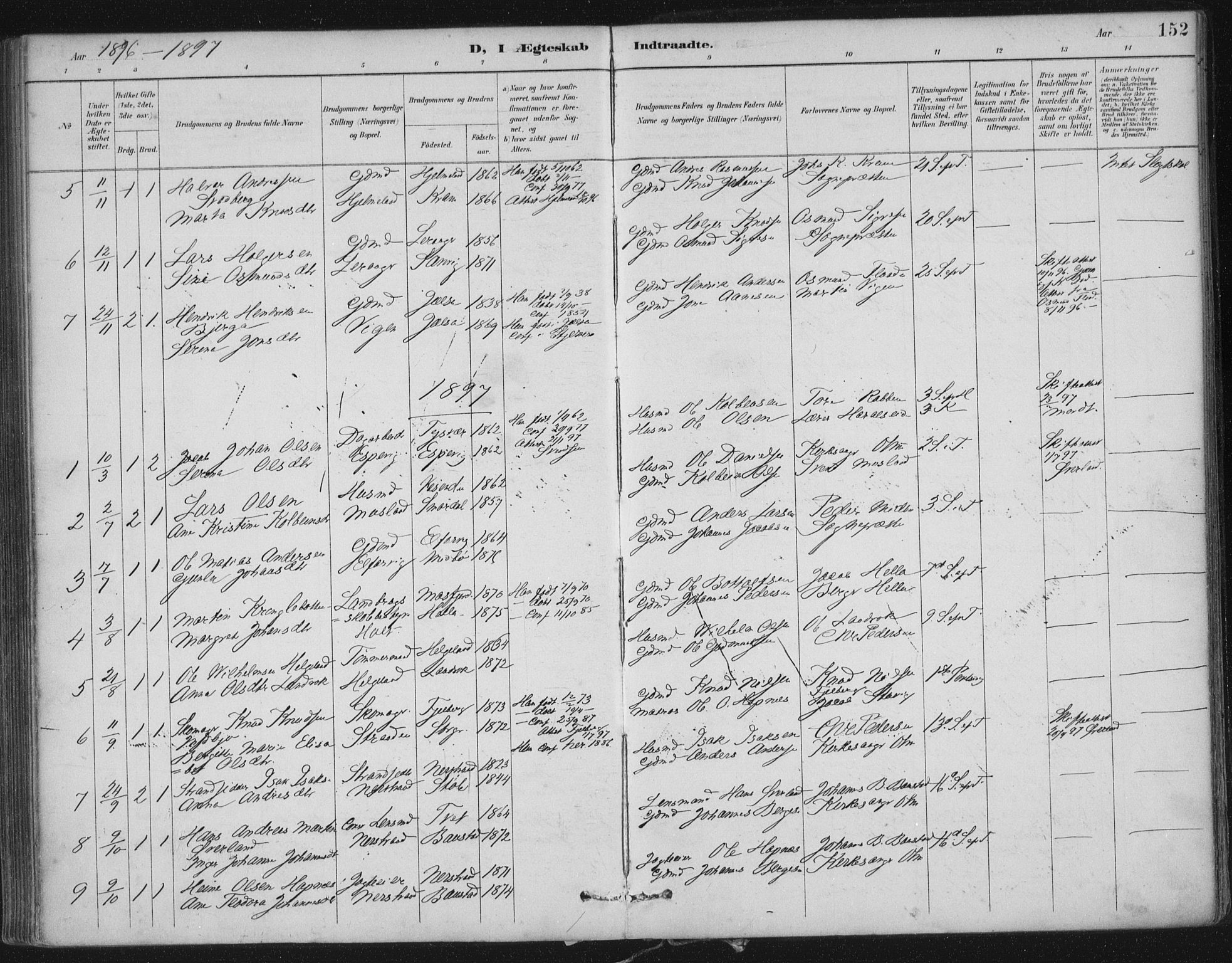 Nedstrand sokneprestkontor, SAST/A-101841/01/IV: Parish register (official) no. A 12, 1887-1915, p. 152