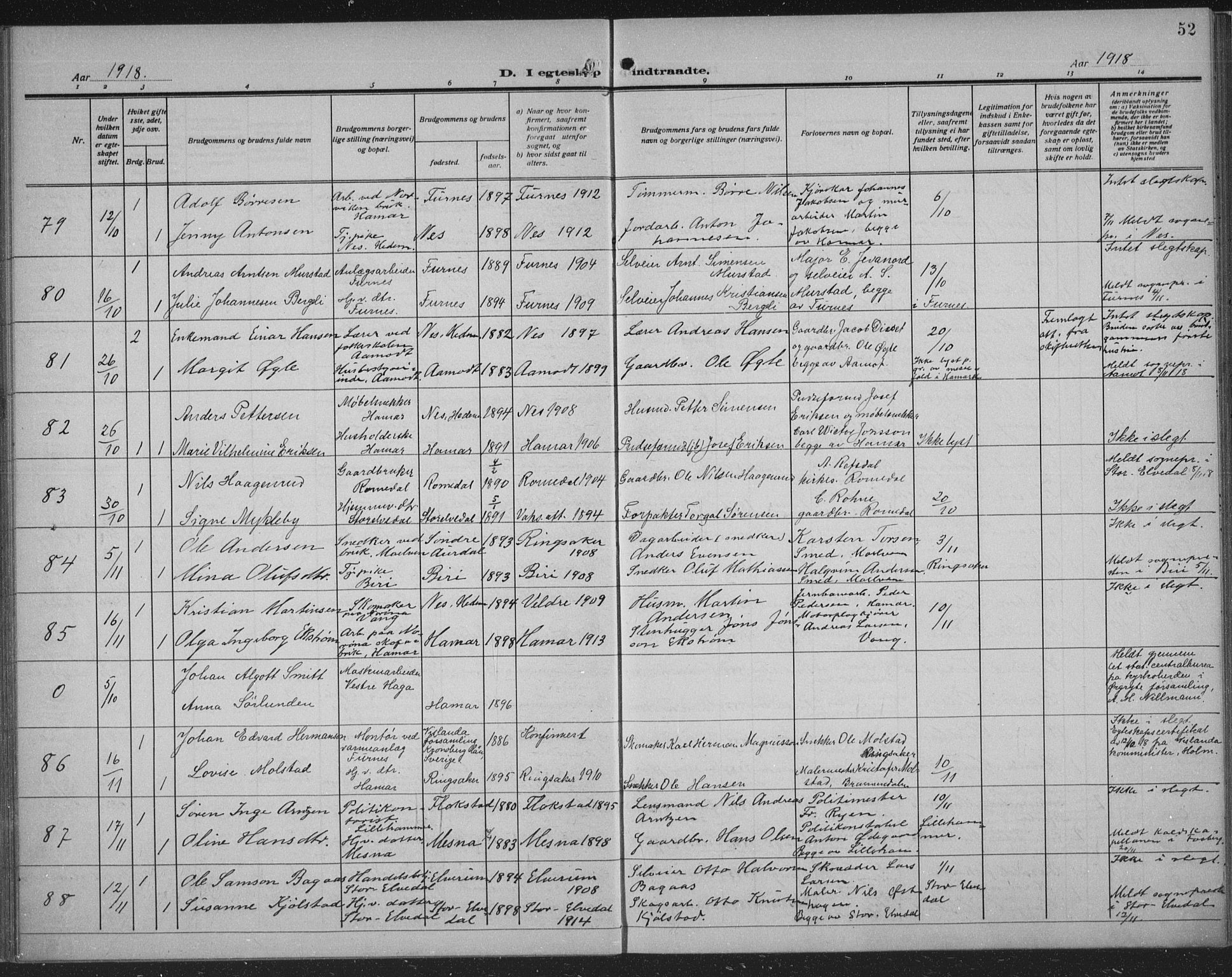 Hamar prestekontor, SAH/DOMPH-002/H/Ha/Haa/L0003: Parish register (official) no. 3, 1913-1930, p. 52
