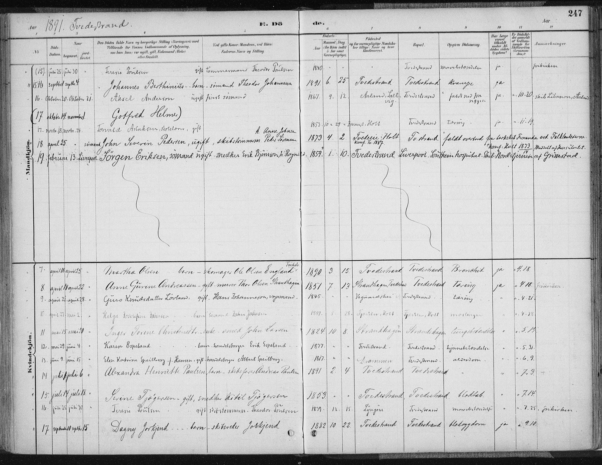 Tvedestrand sokneprestkontor, AV/SAK-1111-0042/F/Fa/L0001: Parish register (official) no. A 1, 1885-1916, p. 247