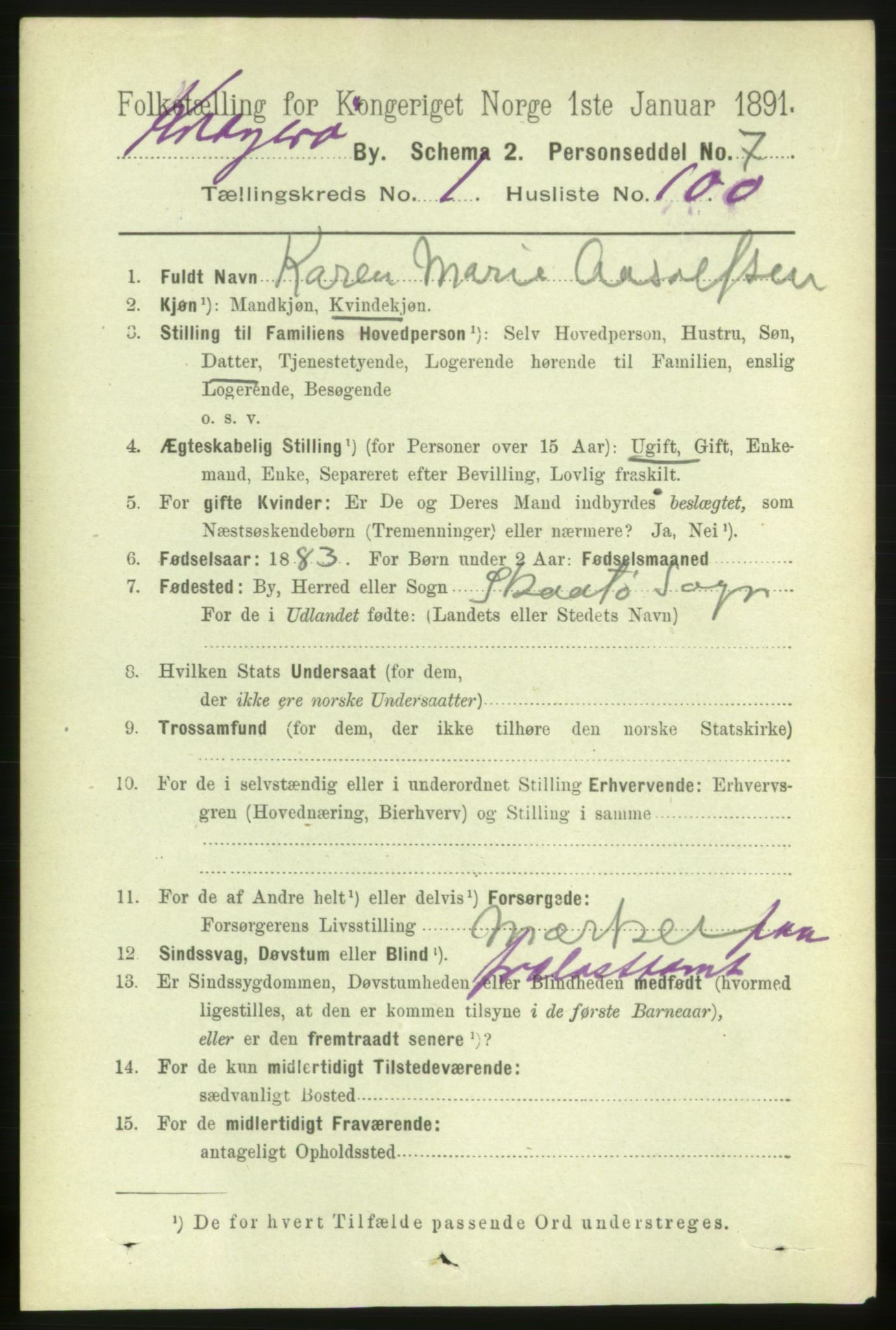 RA, 1891 census for 0801 Kragerø, 1891, p. 2500