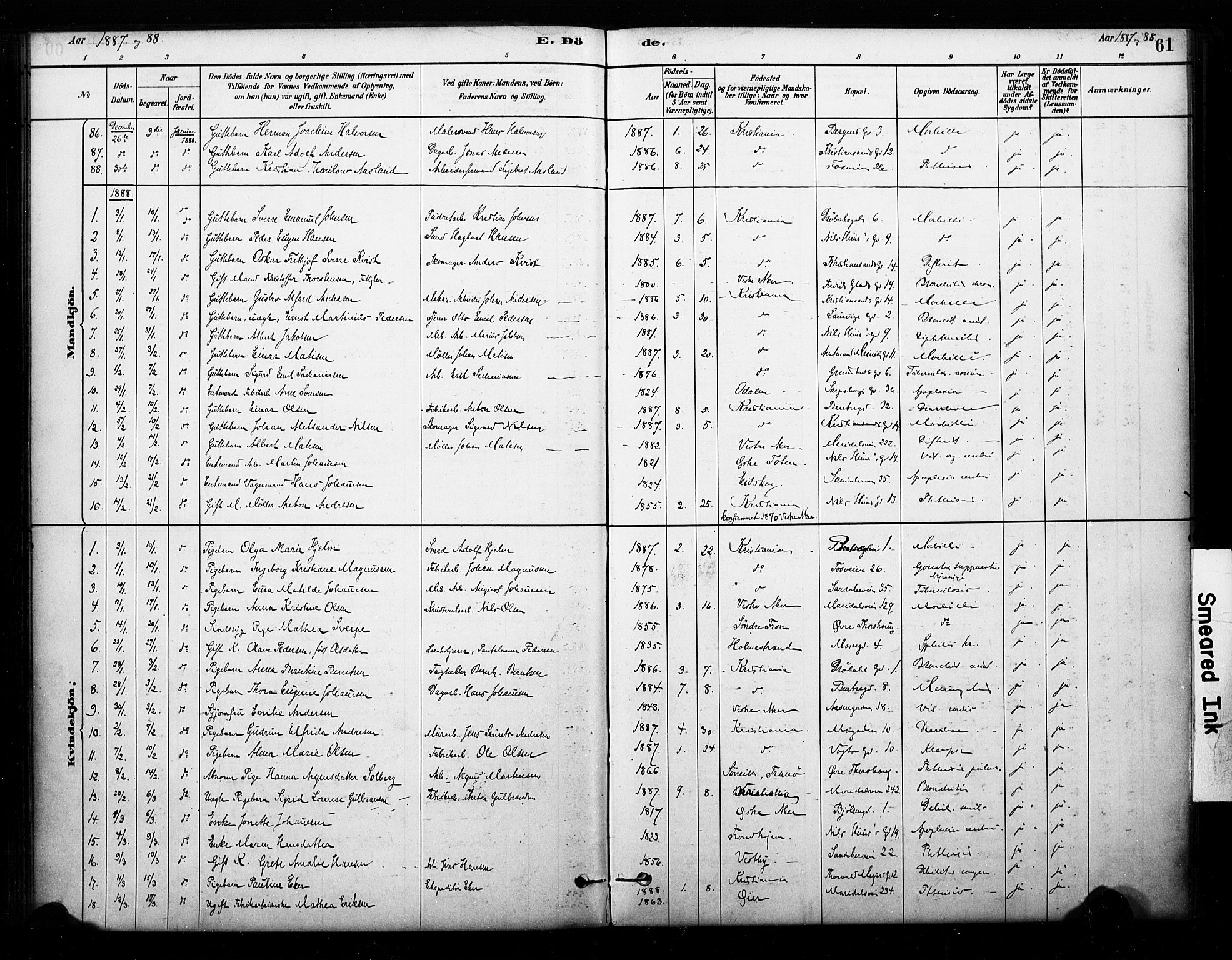 Sagene prestekontor Kirkebøker, SAO/A-10796/F/L0003: Parish register (official) no. 3, 1880-1922, p. 61