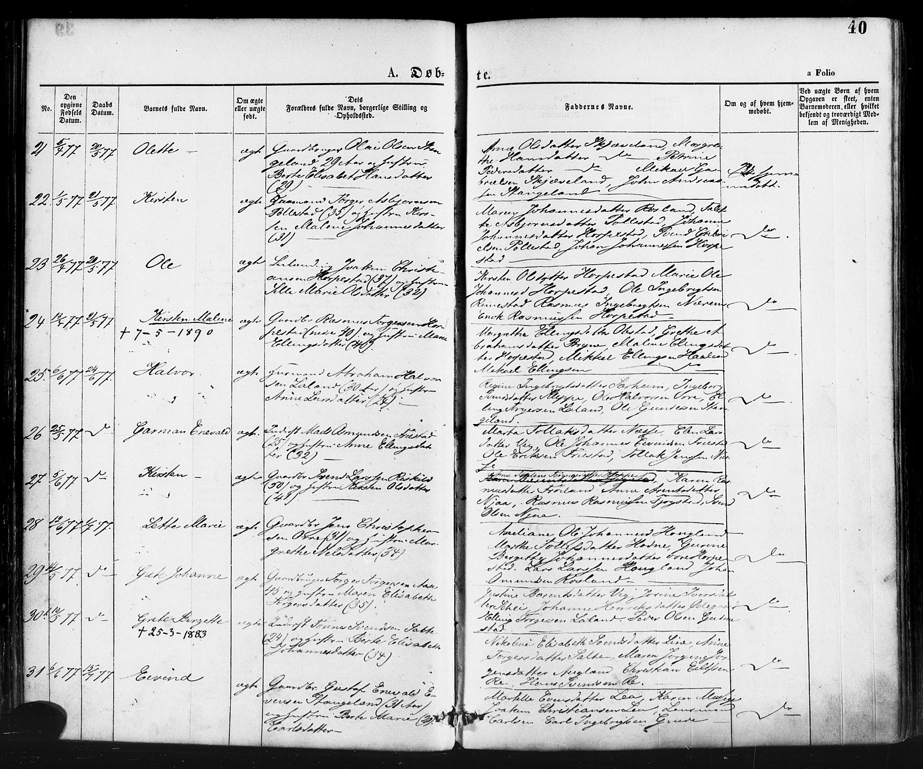 Klepp sokneprestkontor, AV/SAST-A-101803/001/3/30BA/L0006: Parish register (official) no. A 6, 1871-1885, p. 40