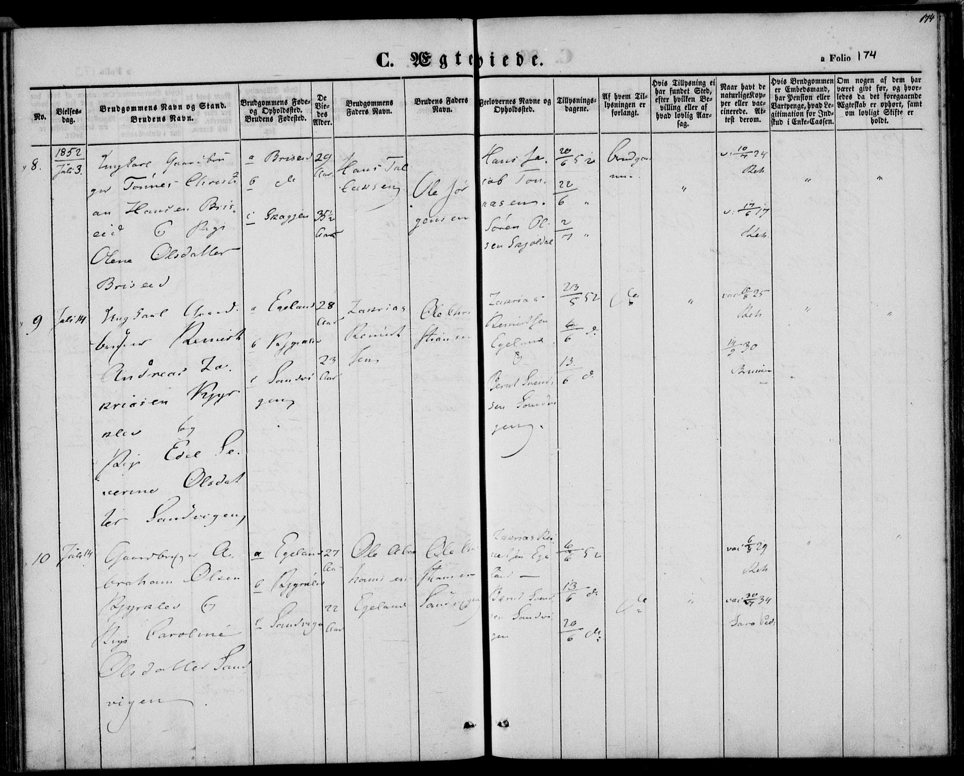 Herad sokneprestkontor, AV/SAK-1111-0018/F/Fa/Faa/L0004: Parish register (official) no. A 4, 1844-1853, p. 174