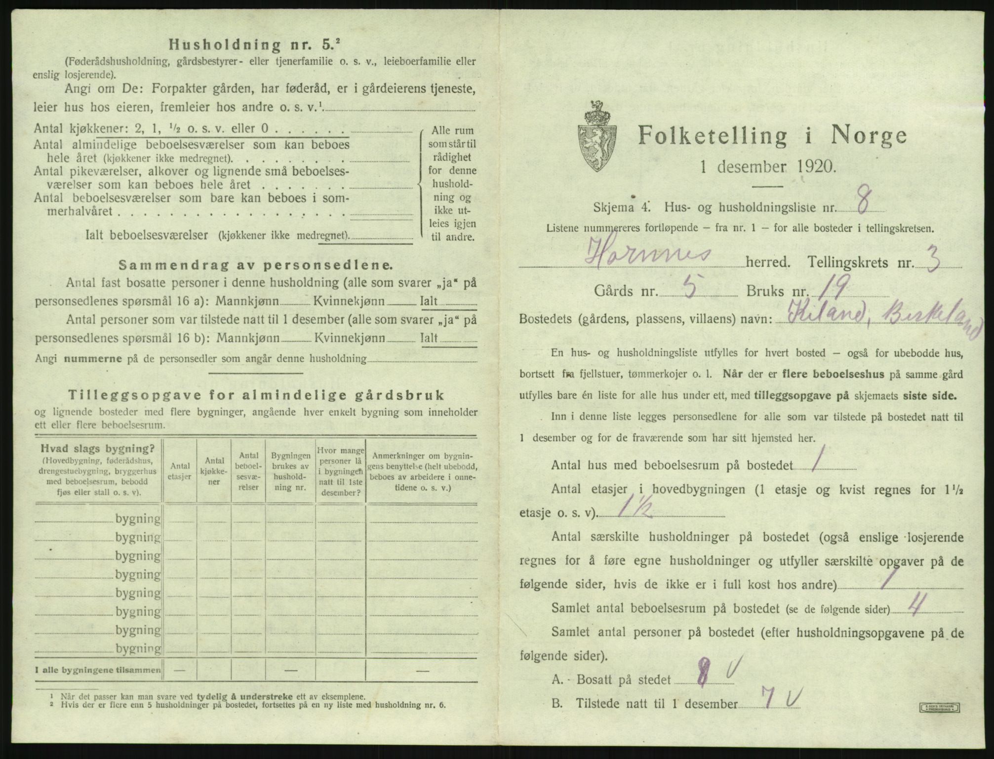 SAK, 1920 census for Hornnes, 1920, p. 131