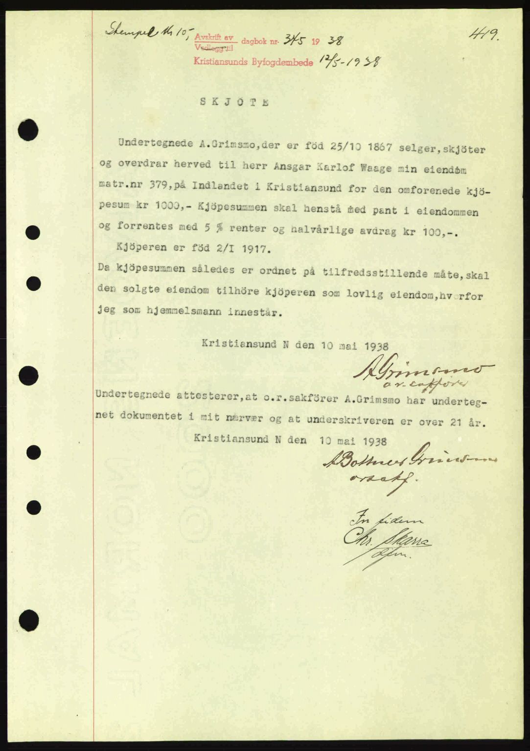 Kristiansund byfogd, AV/SAT-A-4587/A/27: Mortgage book no. 30, 1936-1941, Diary no: : 345/1938