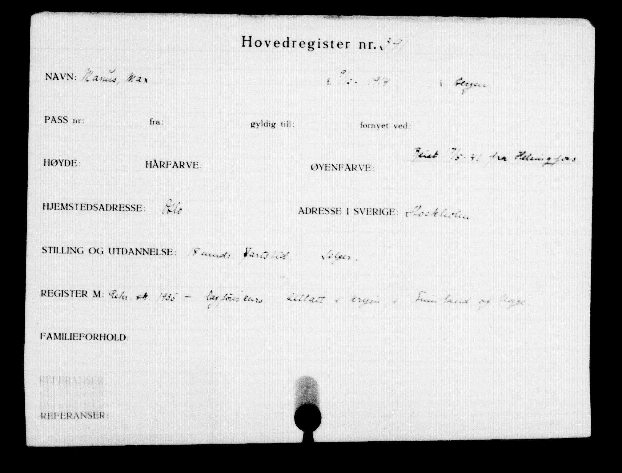 Utenriksstasjonene, Legasjonen i Stockholm, Flyktningkontoret, AV/RA-S-6753/V/Va/L0001: Kjesäterkartoteket, flyktninger med registreringsnr. 1-1000, 1940-1945, p. 613
