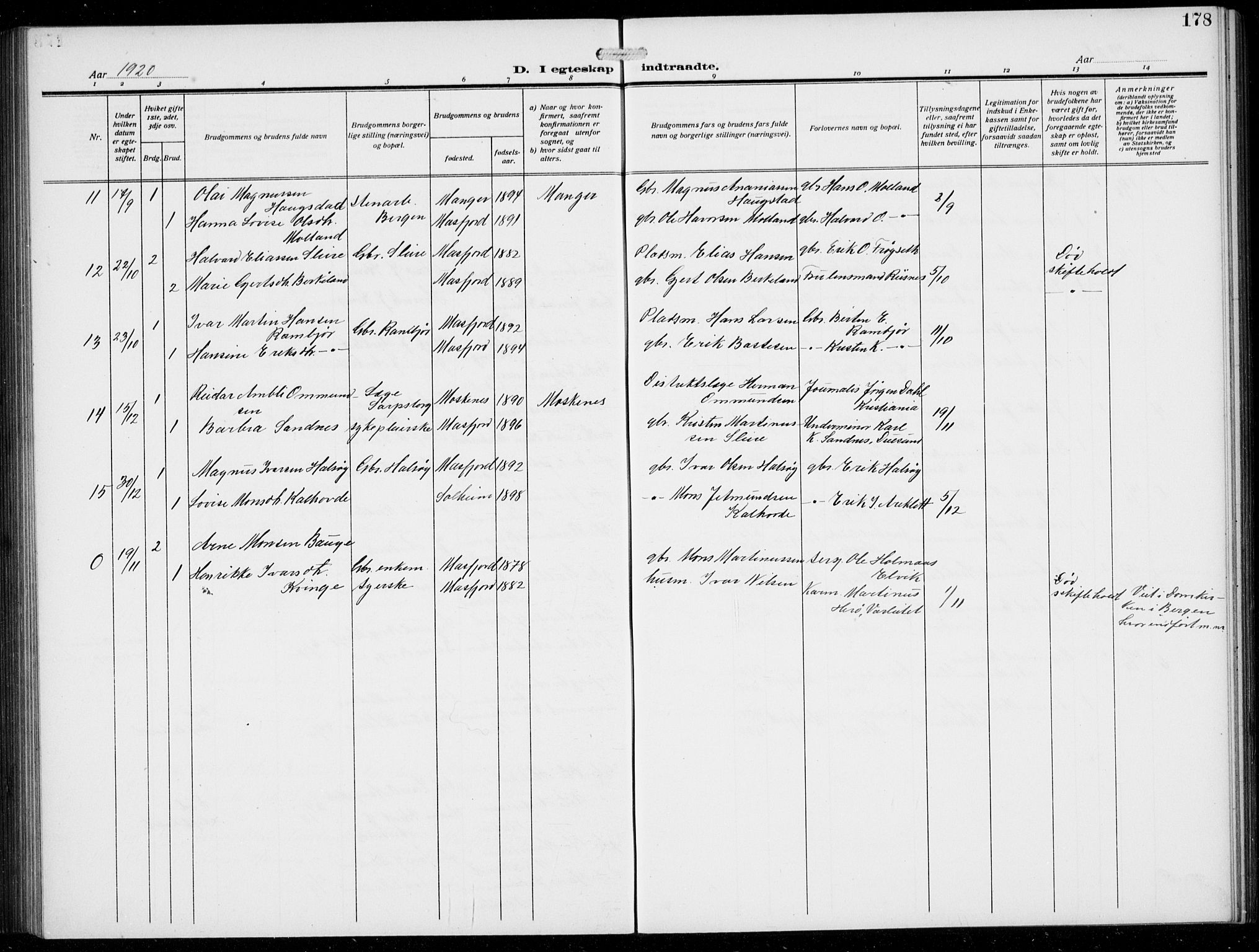 Masfjorden Sokneprestembete, SAB/A-77001: Parish register (copy) no. B  2, 1912-1939, p. 178
