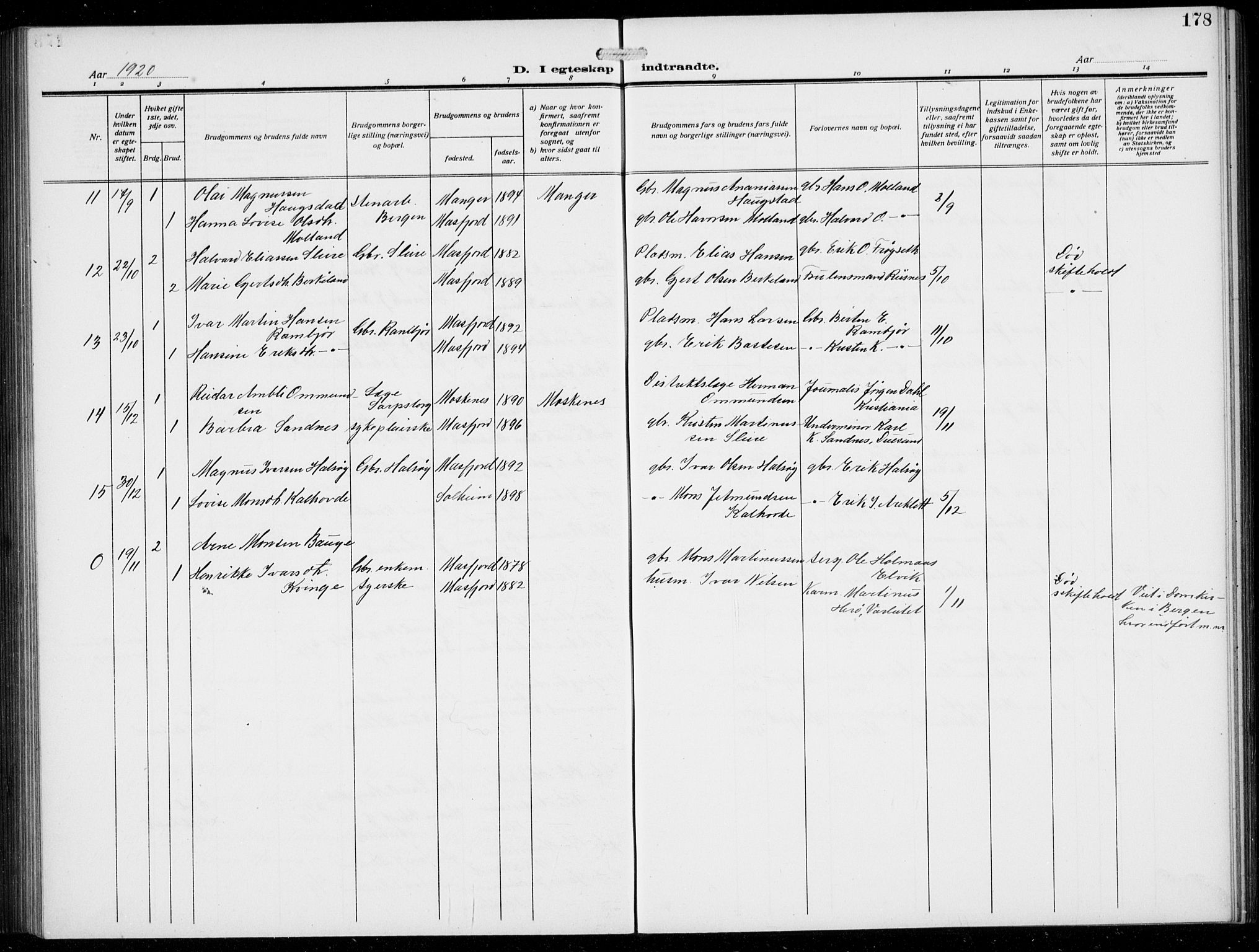 Masfjorden sokneprestembete, AV/SAB-A-77001: Parish register (copy) no. B  2, 1912-1939, p. 178