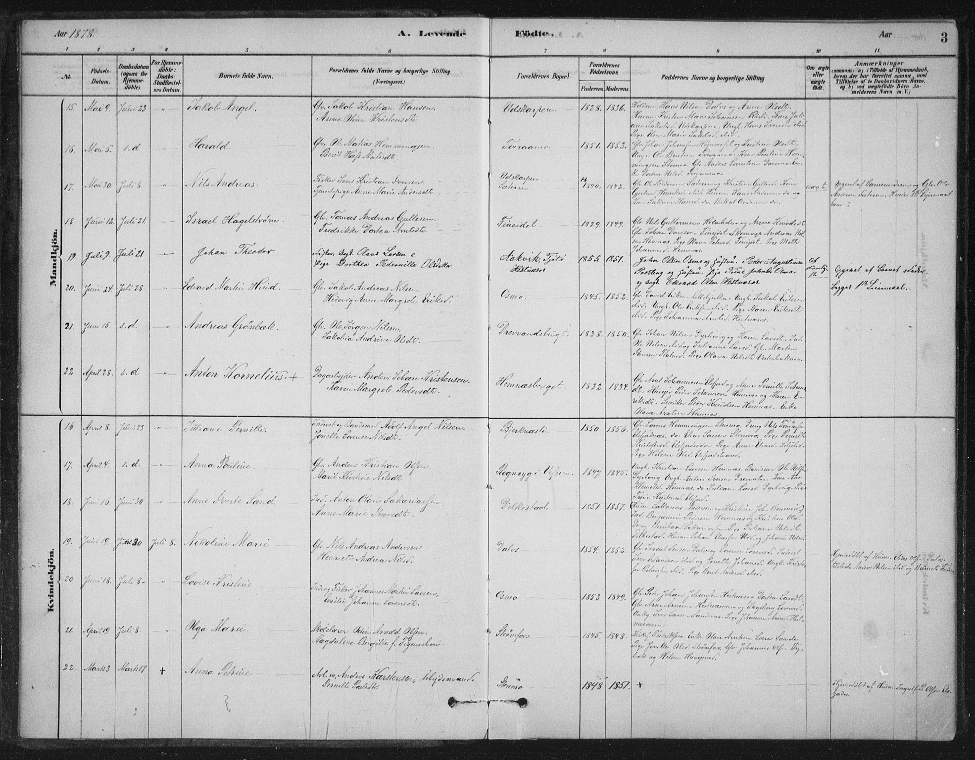 Ministerialprotokoller, klokkerbøker og fødselsregistre - Nordland, AV/SAT-A-1459/825/L0361: Parish register (official) no. 825A15, 1878-1893, p. 3