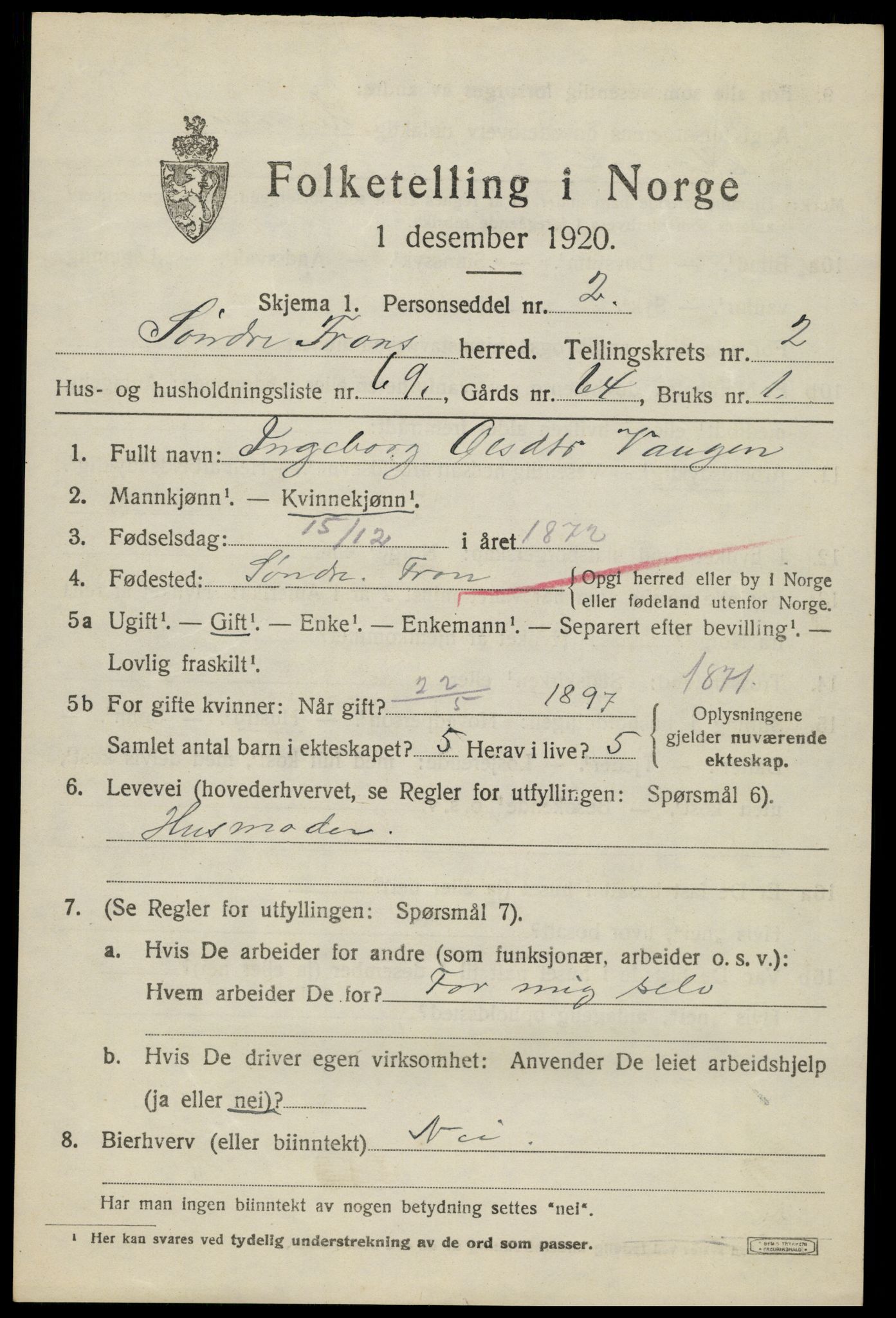 SAH, 1920 census for Sør-Fron, 1920, p. 2719