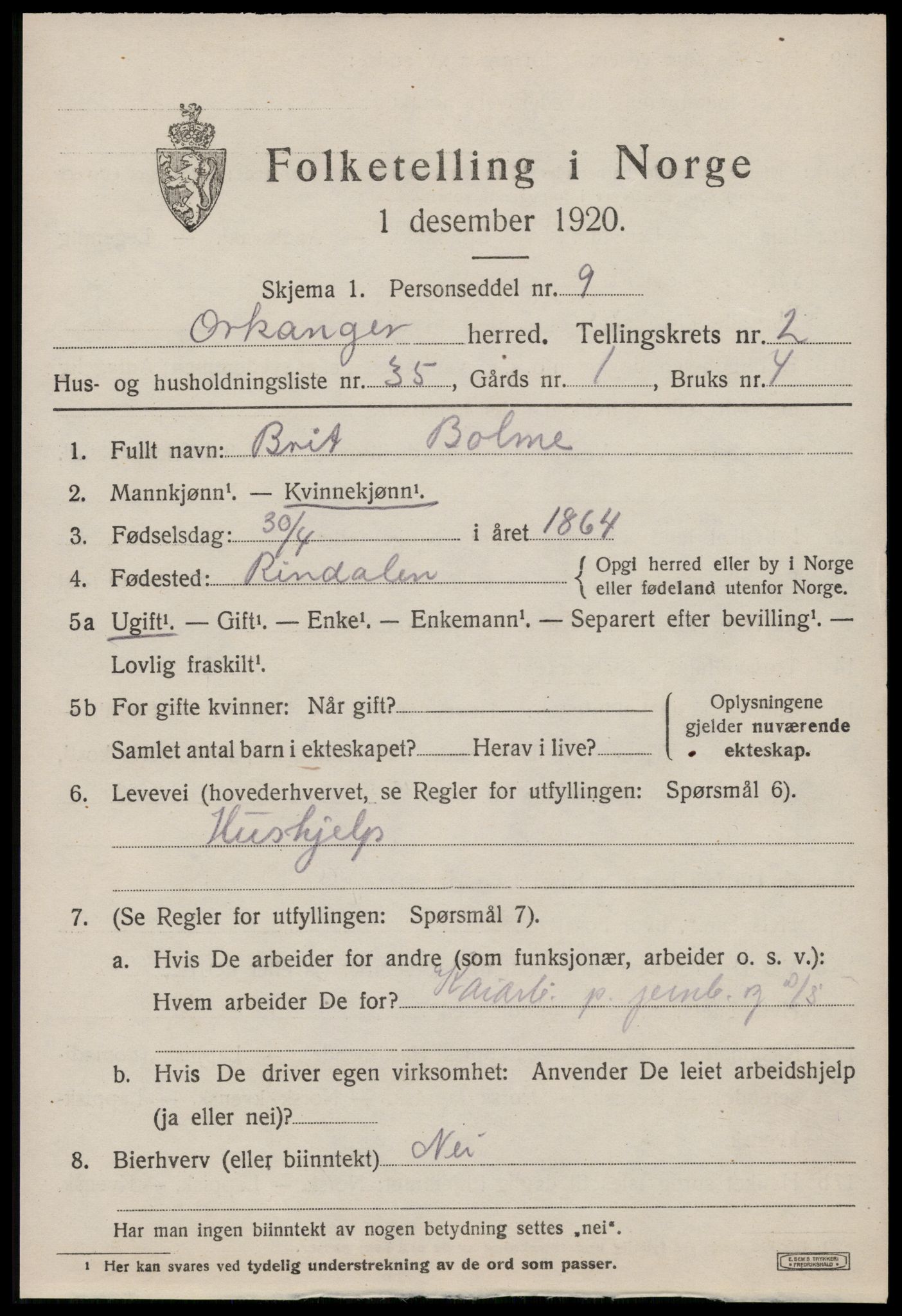 SAT, 1920 census for Orkanger, 1920, p. 1745