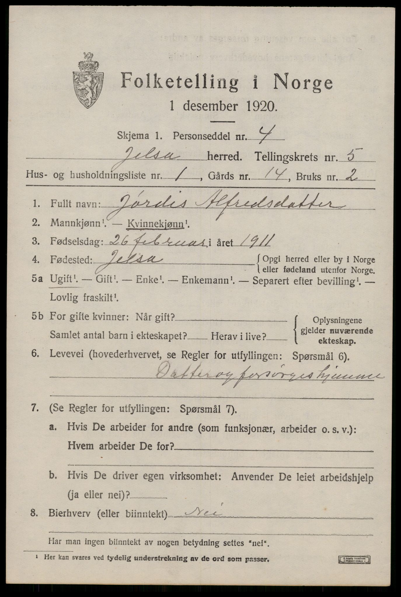 SAST, 1920 census for Jelsa, 1920, p. 1430