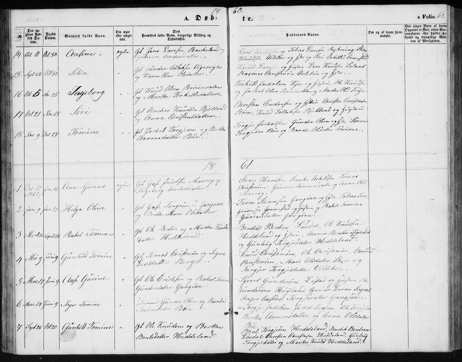 Holum sokneprestkontor, SAK/1111-0022/F/Fb/Fbc/L0002: Parish register (copy) no. B 2, 1860-1882, p. 62